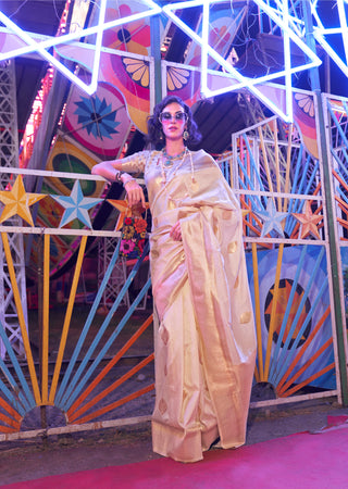 Monjolika Fashion Beige Colour Handloom Silk Blend Zari Woven Saree With Blouse