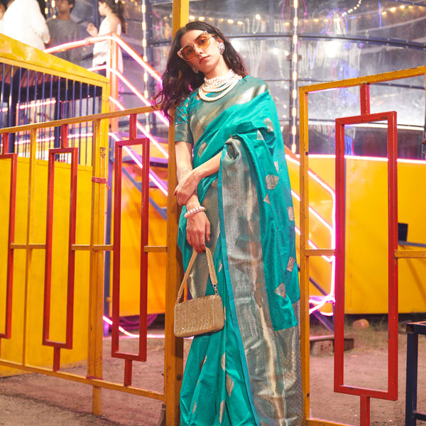 Monjolika Fashion Teal Colour Handloom Silk Blend Zari Woven Saree With Blouse - Distacart