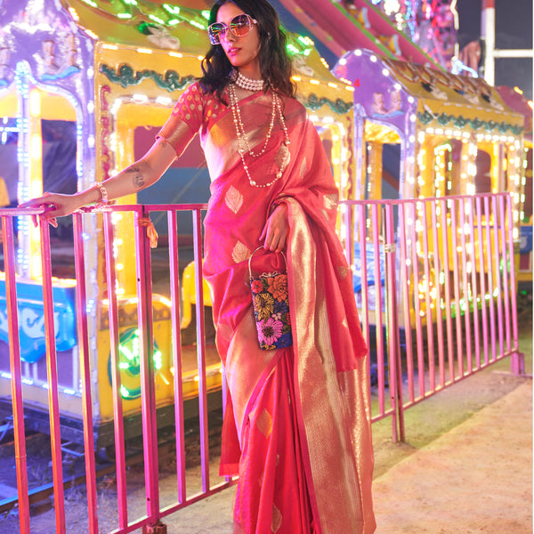 Monjolika Fashion Pink Colour Handloom Silk Blend Zari Woven Saree With Blouse - Distacart