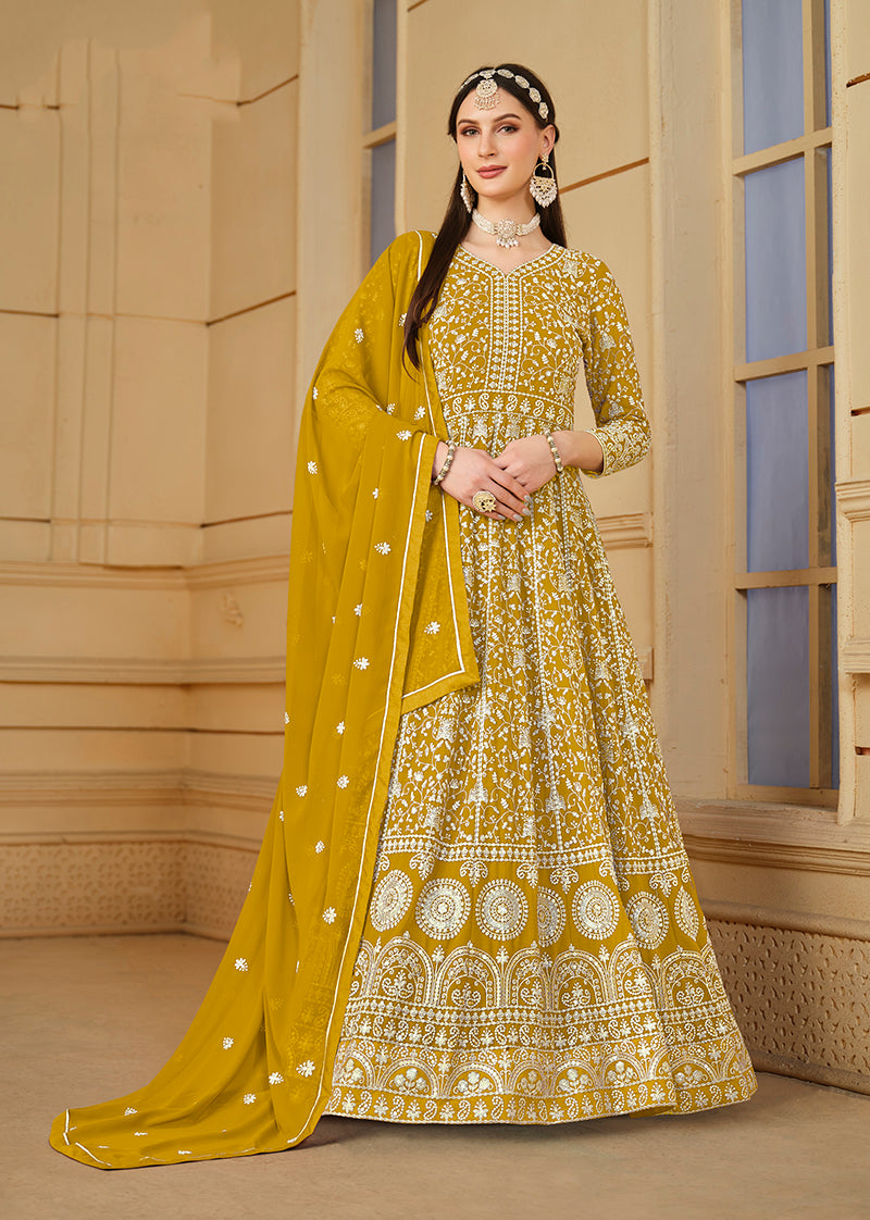 Monjolika Fashion Faux Georgette Mustard Anarkali Salwar Kameez