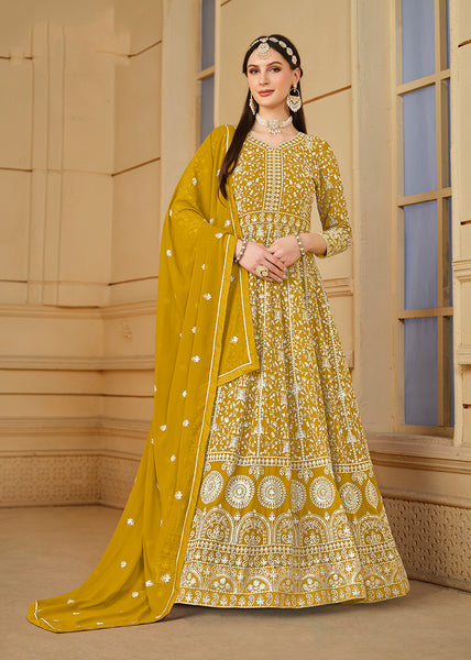 Monjolika Fashion Faux Georgette Mustard Anarkali Salwar Kameez