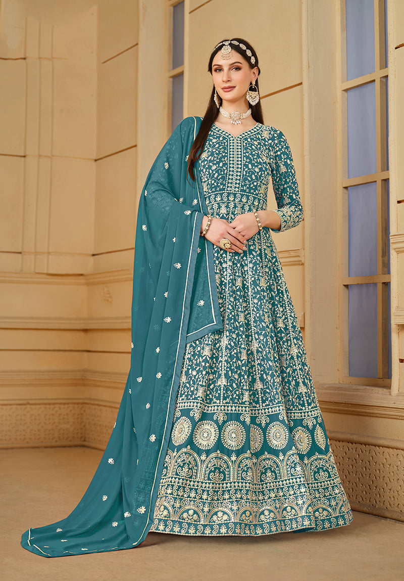 Monjolika Fashion Faux Georgette Teal Anarkali Salwar Kameez - Distacart