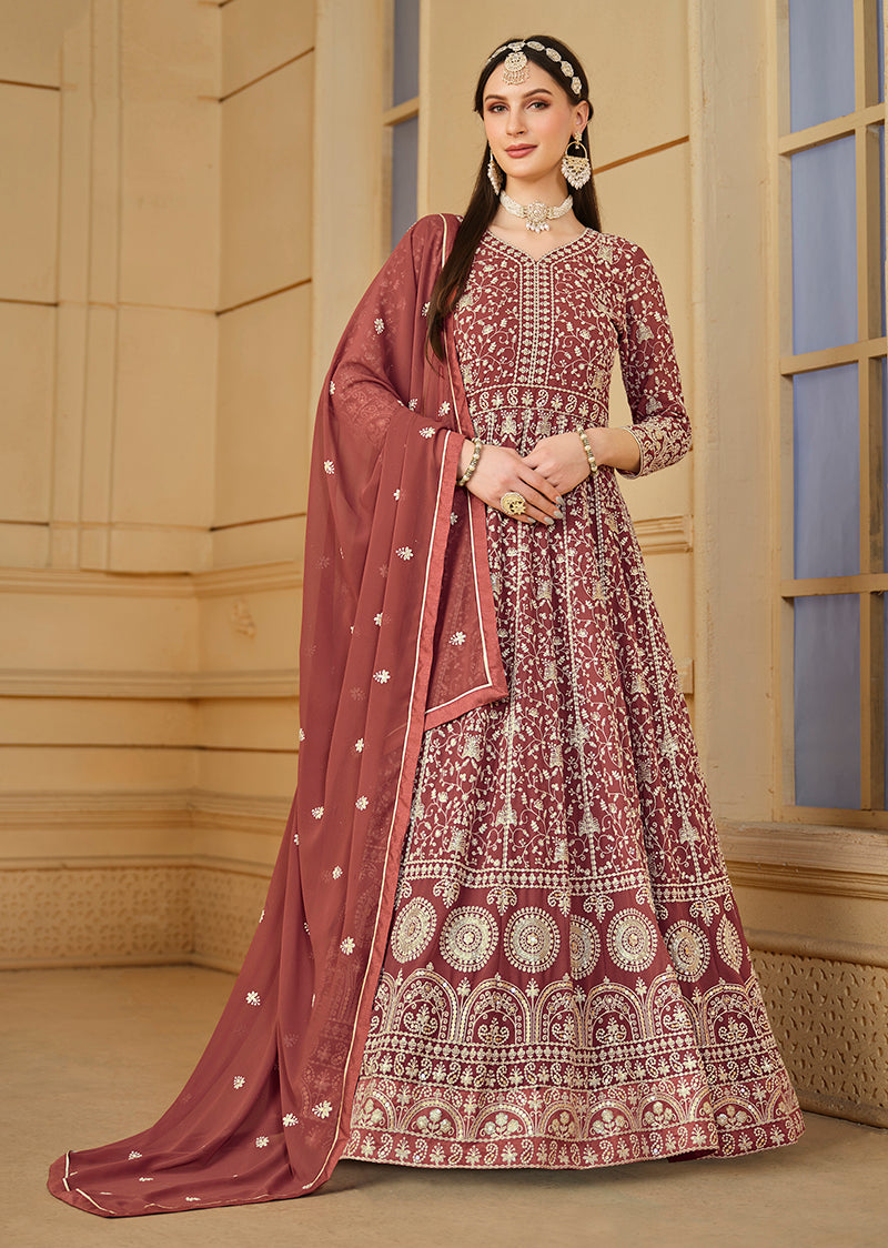 Monjolika Fashion Faux Georgette Light Brown Anarkali Salwar Kameez