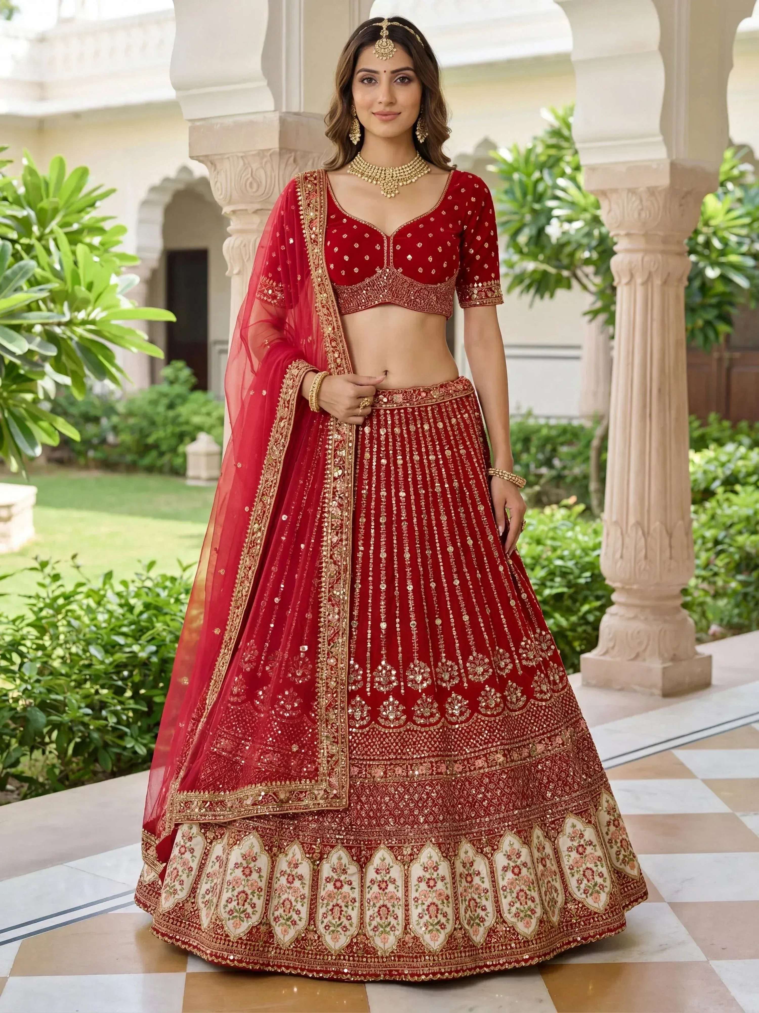 Tulsi Art Incredible Maroon Embroidered Organza Bridal Lehenga Choli - Dista