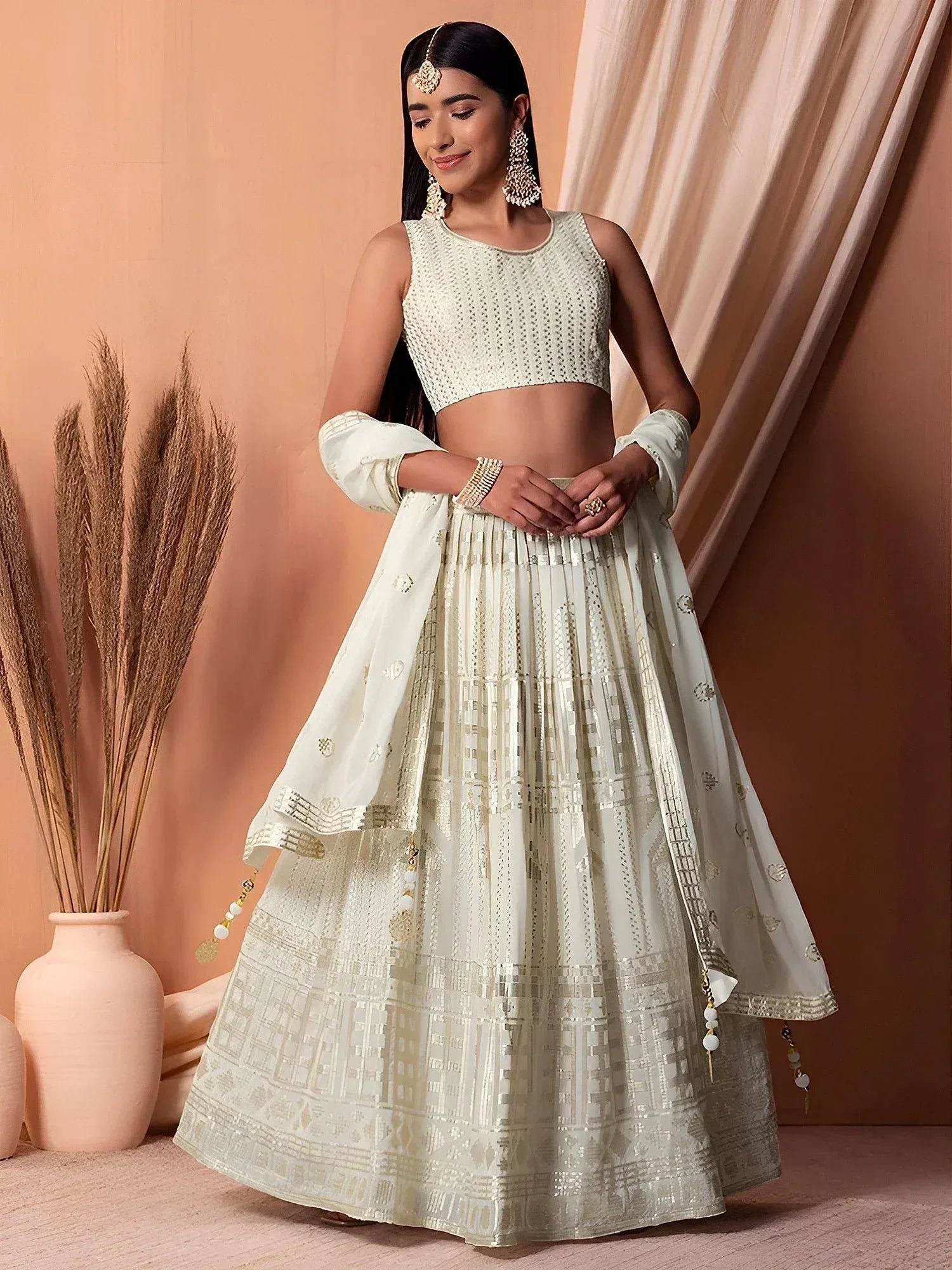 Tulsi Art Awesome White Sequins Georgette Festival Wear Lehenga Choli With Dupatta - Dista