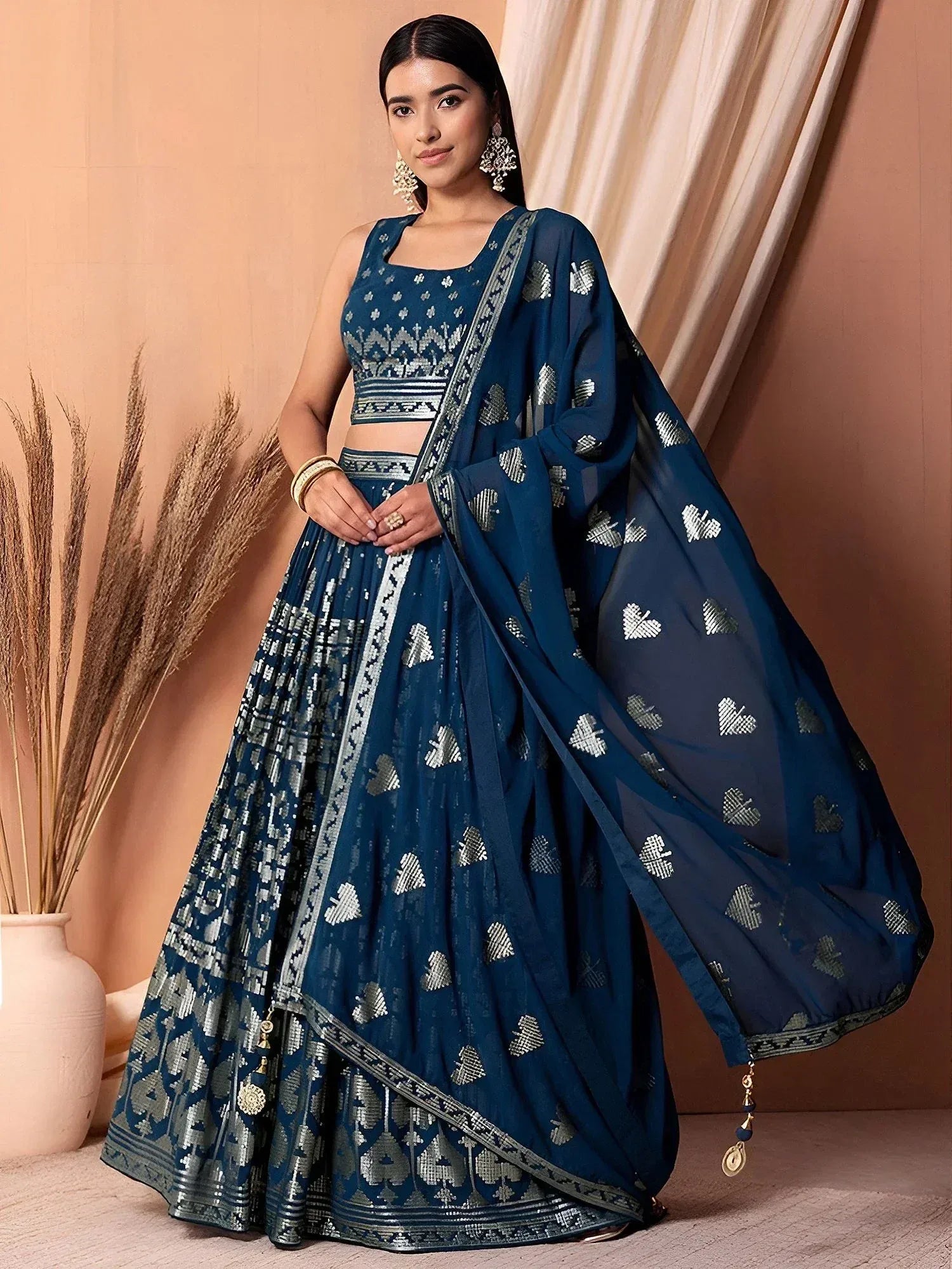 Tulsi Art Dazzling Teal Blue Sequins Georgette Festival Wear Lehenga Choli - Dista