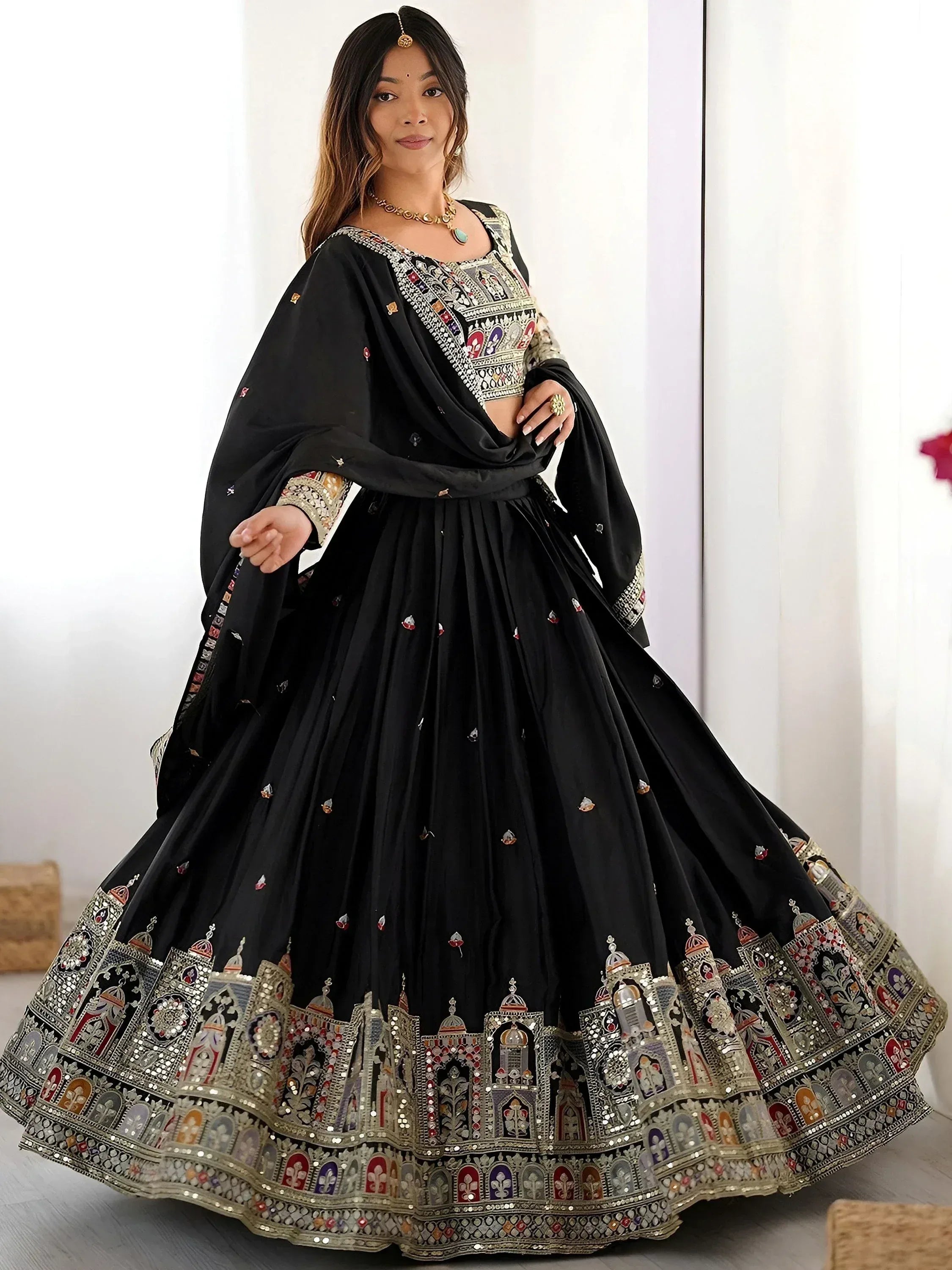 Tulsi Art Amazing Black Thread Work Crepe Traditional Lehenga Choli With Dupatta - Dista