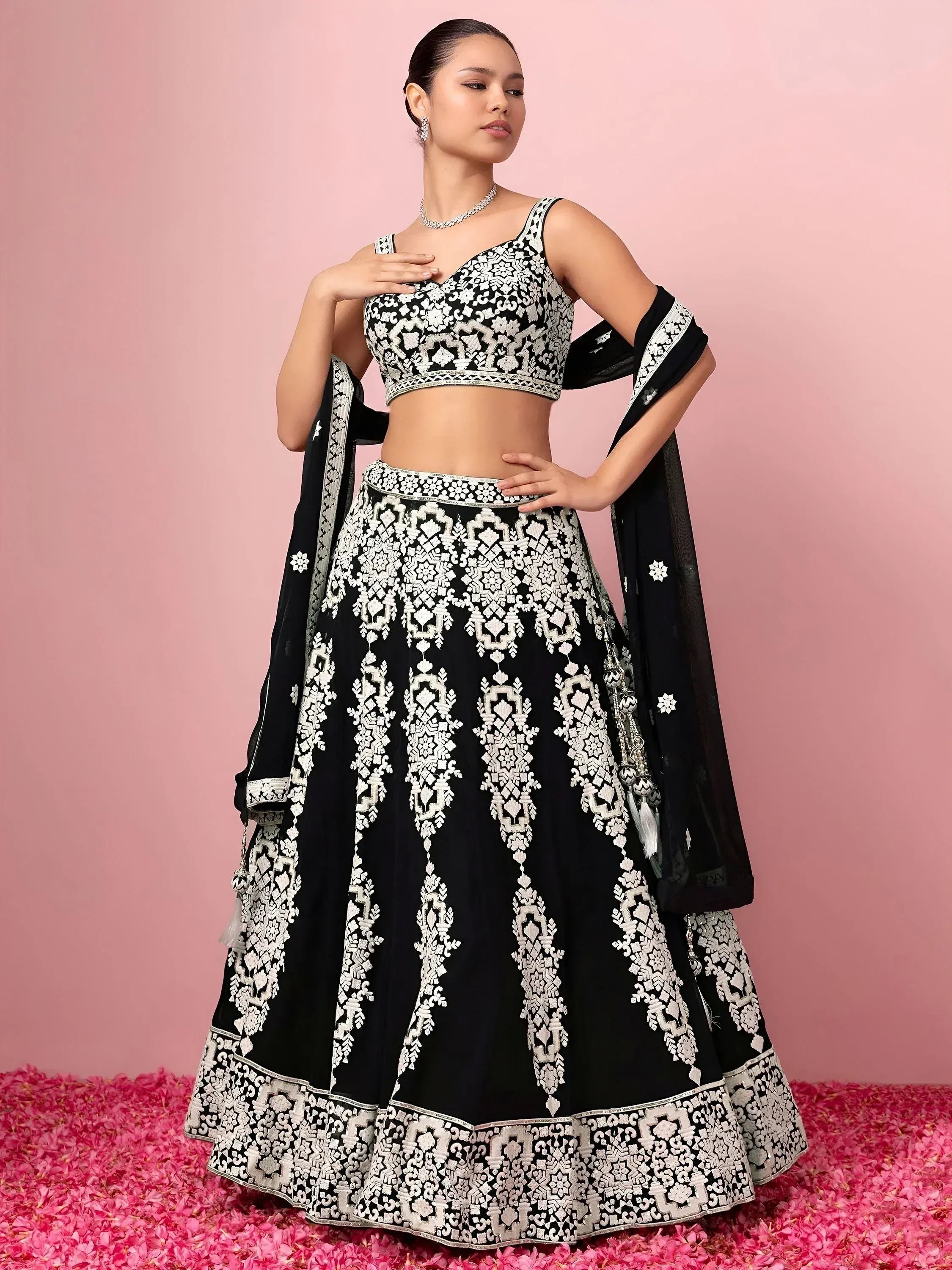 Tulsi Art Captivating Black Thread Work Georgette Reception Wear Lehenga Choli - Dista