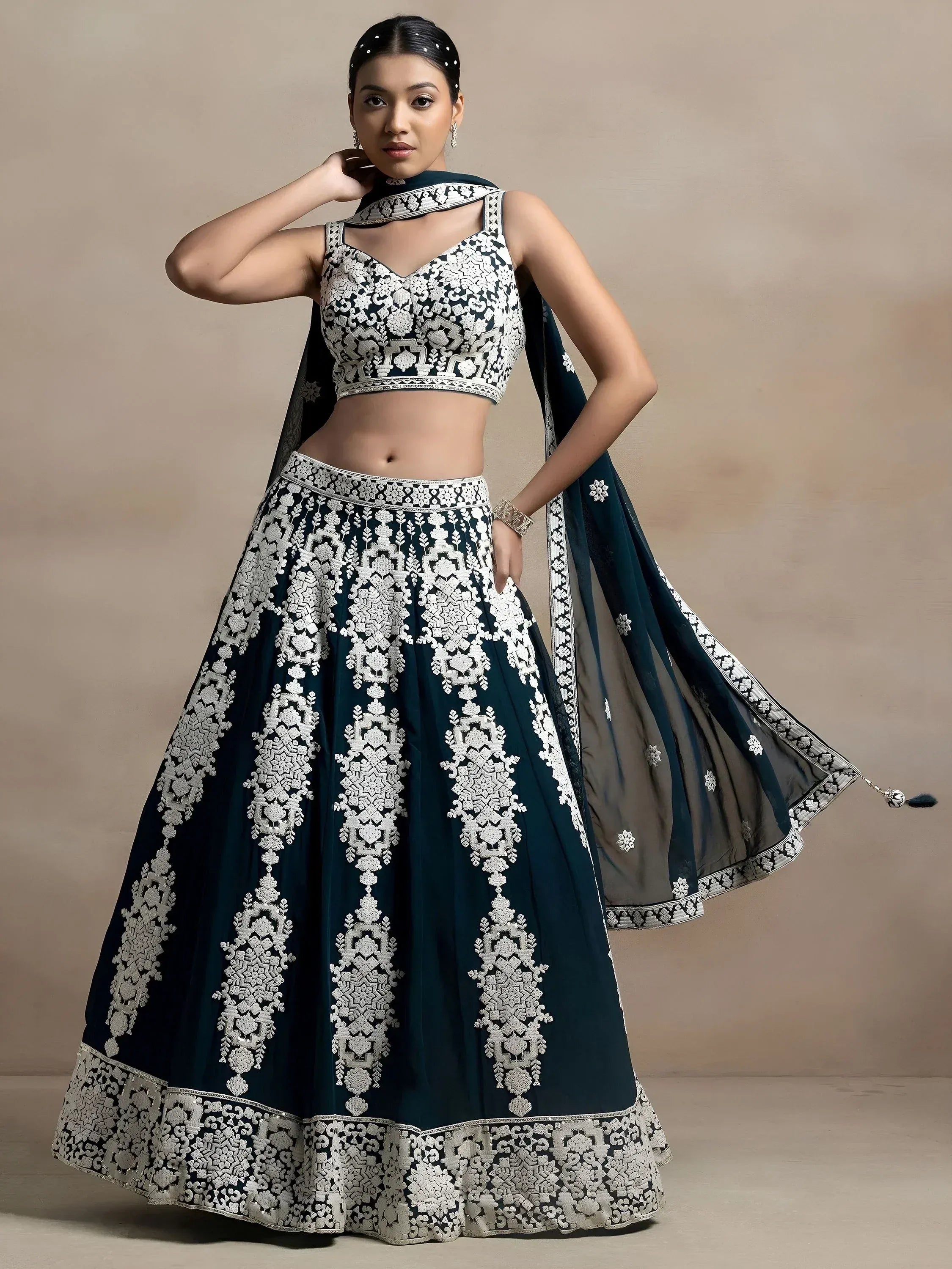 Tulsi Art Glamorous Dark Green Thread Embroidered Georgette Lehenga Choli - Dista