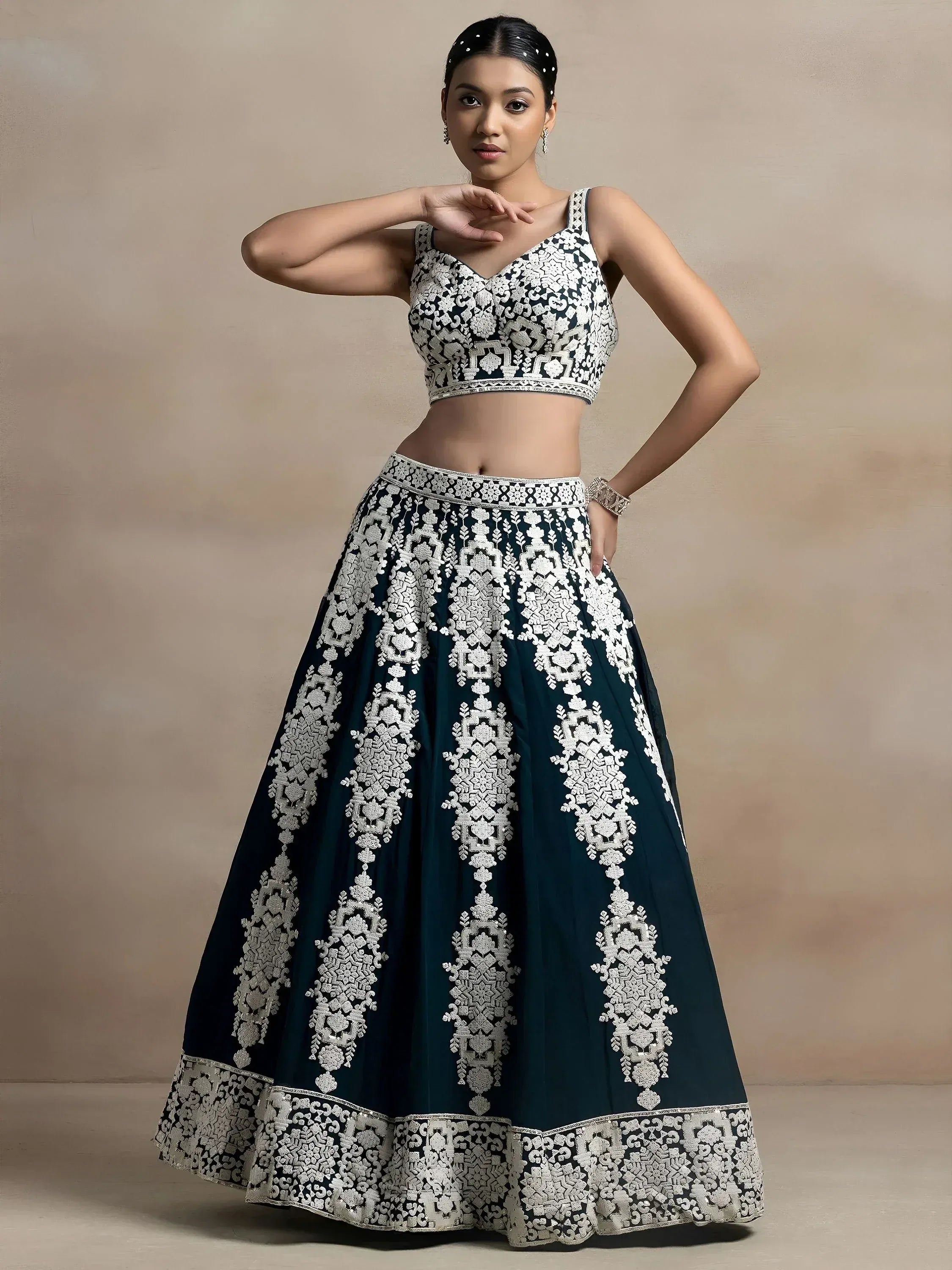 Tulsi Art Glamorous Dark Green Thread Embroidered Georgette Lehenga Choli