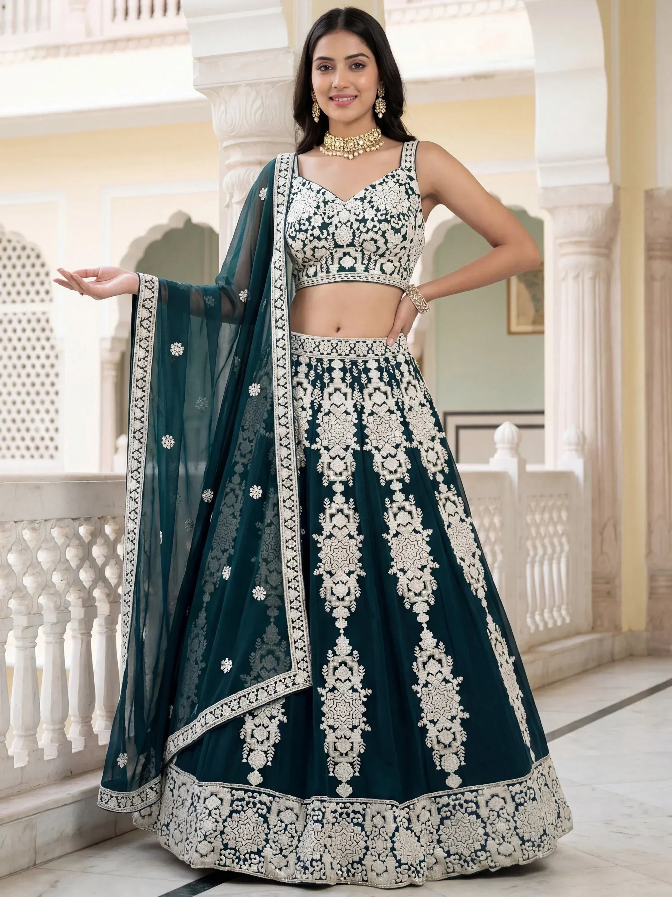 Tulsi Art Great Green Thread Embroidered Georgette Wedding Wear Lehenga Choli - Dista