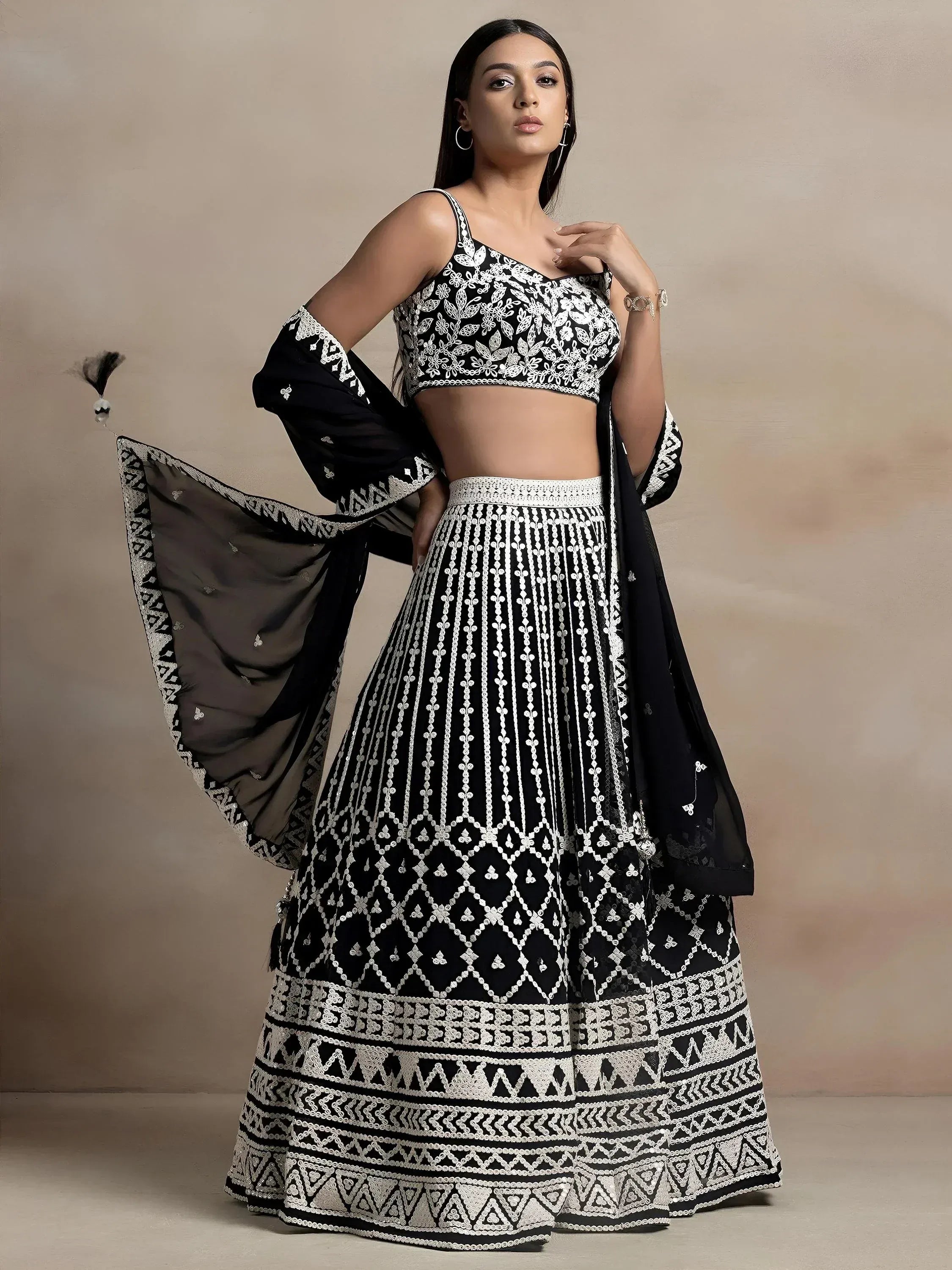 Tulsi Art Awesome Black Thread Work Georgette Reception Wear Lehenga Choli - Dista
