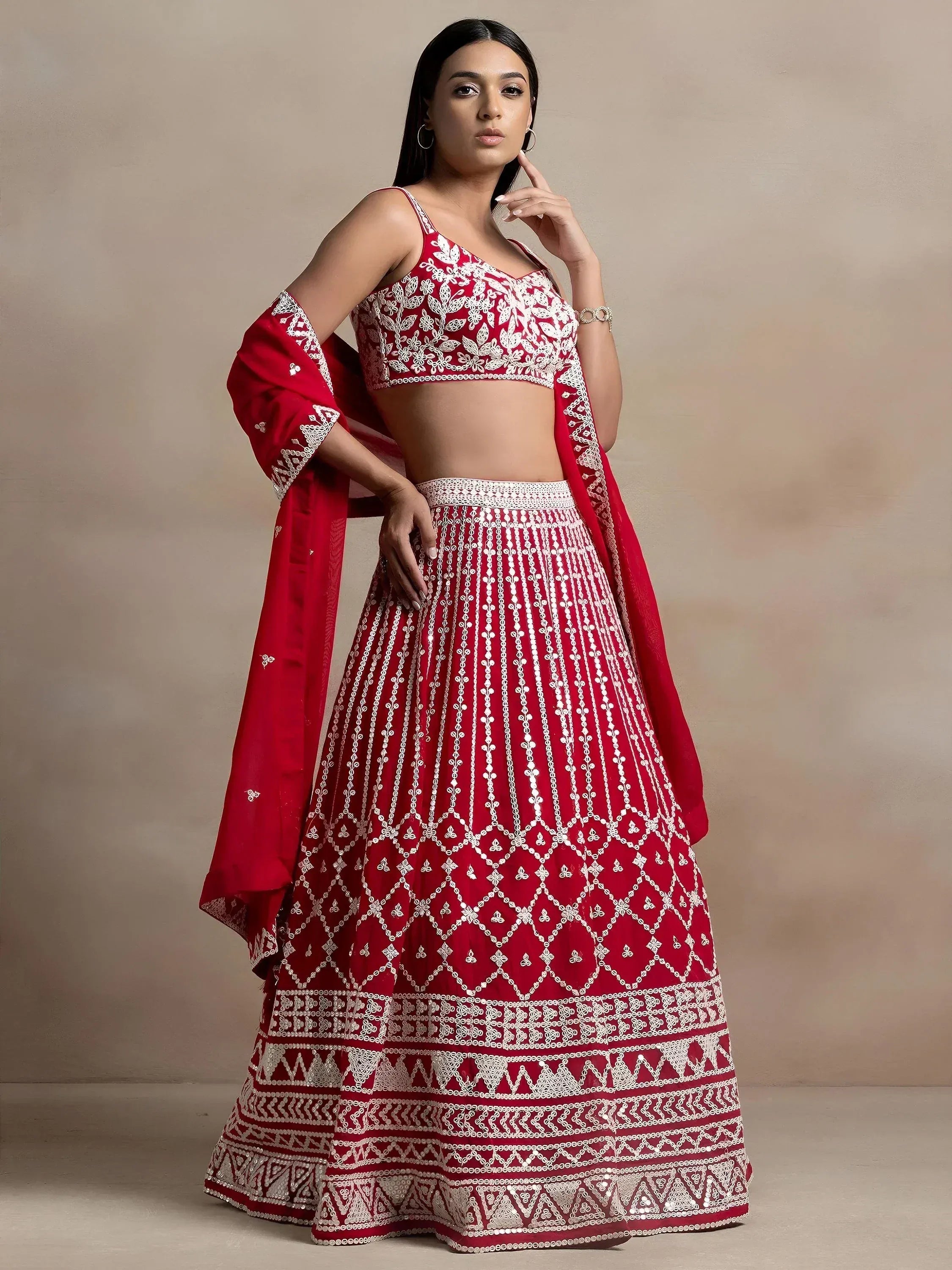Tulsi Art Marvelous Red Thread Work Georgette Sangeet Wear Lehenga Choli - Dista
