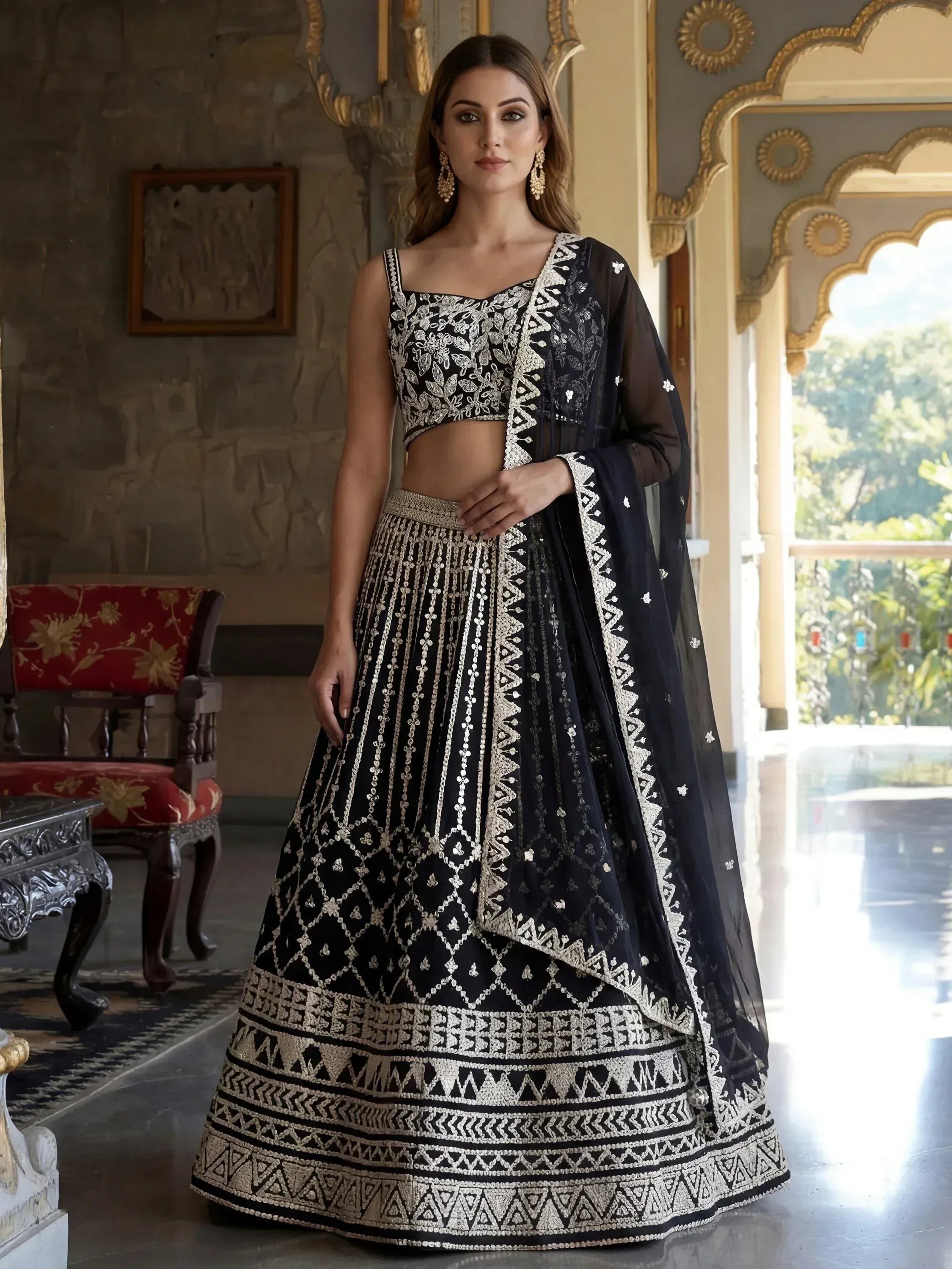 Tulsi Art Classic Black Sequins Embroidered Georgette Wedding Wear Lehenga Choli - Dista