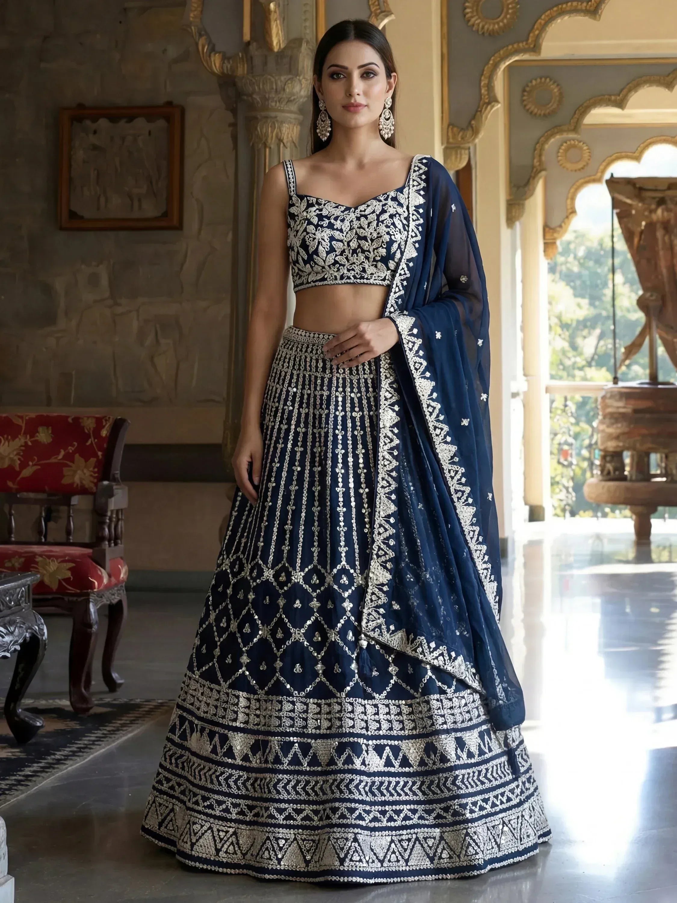 Tulsi Art Pretty Blue Sequins Embroidered Georgette Reception Wear Lehenga Choli - Dista