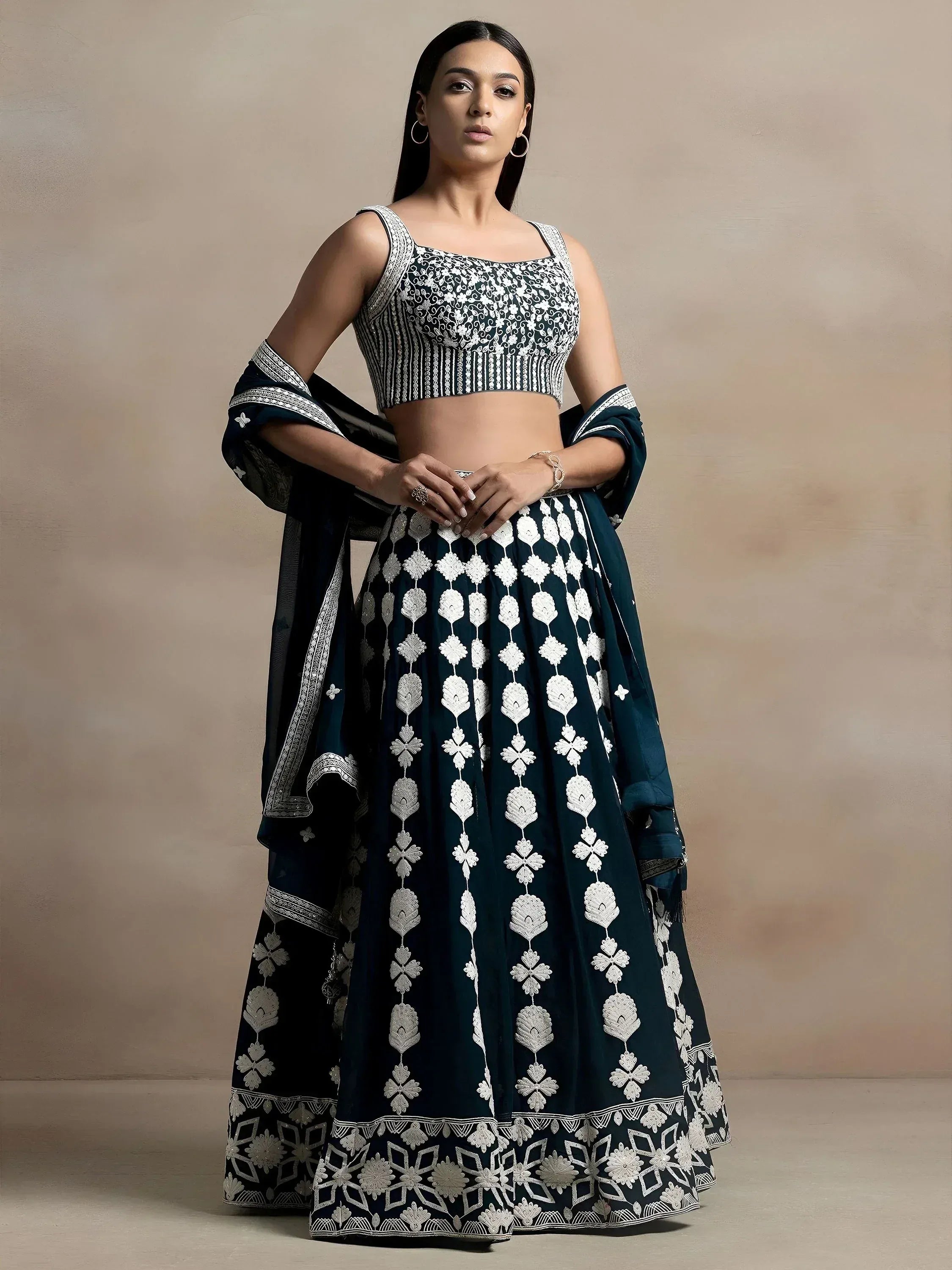 Tulsi Art Lovely Dark Green Thread Work Georgette Festival Wear Lehenga Choli - Dista