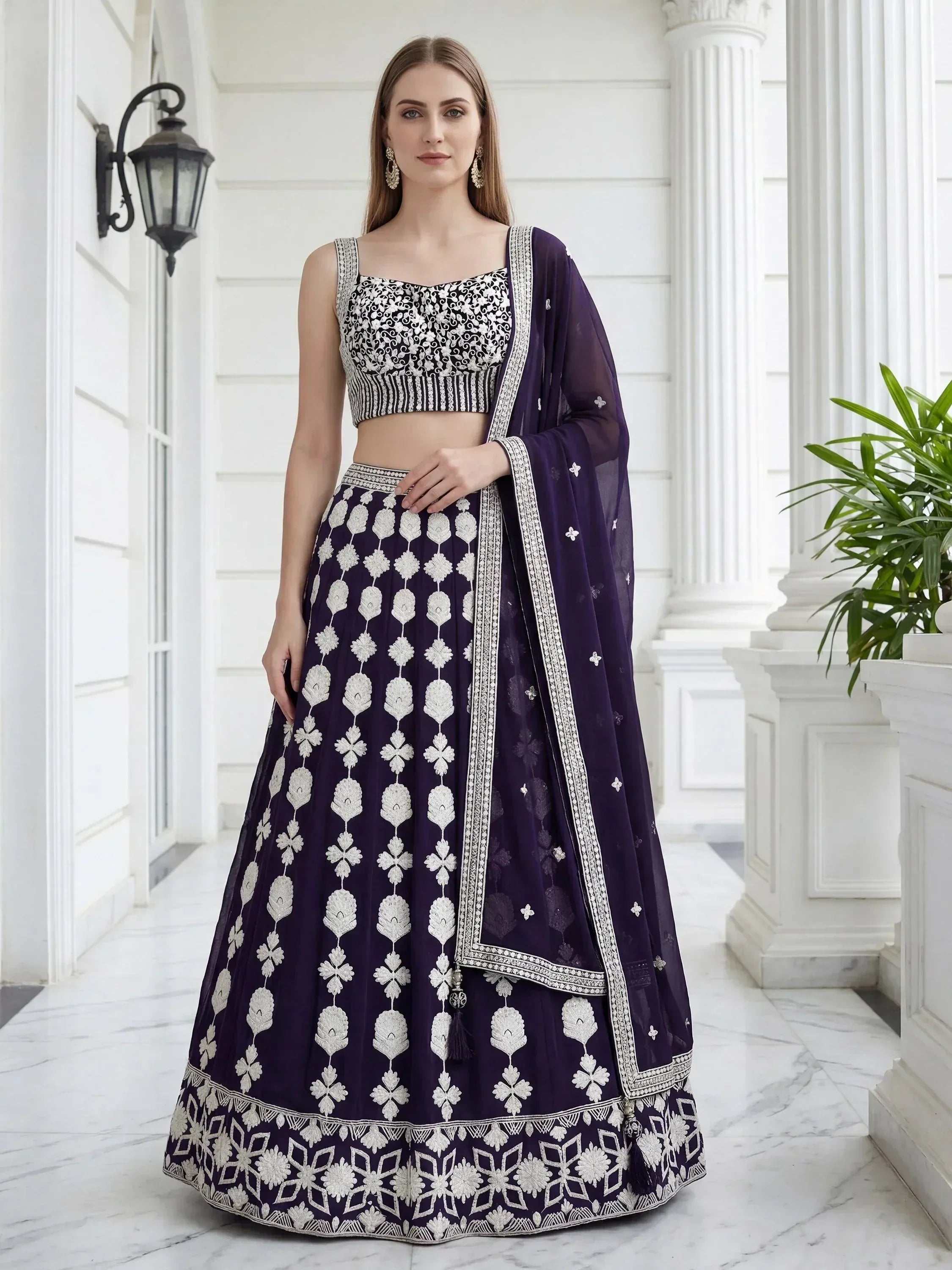 Tulsi Art Dazzling Purple Sequins Embroidered Georgette Party Wear Lehenga Choli - Dista