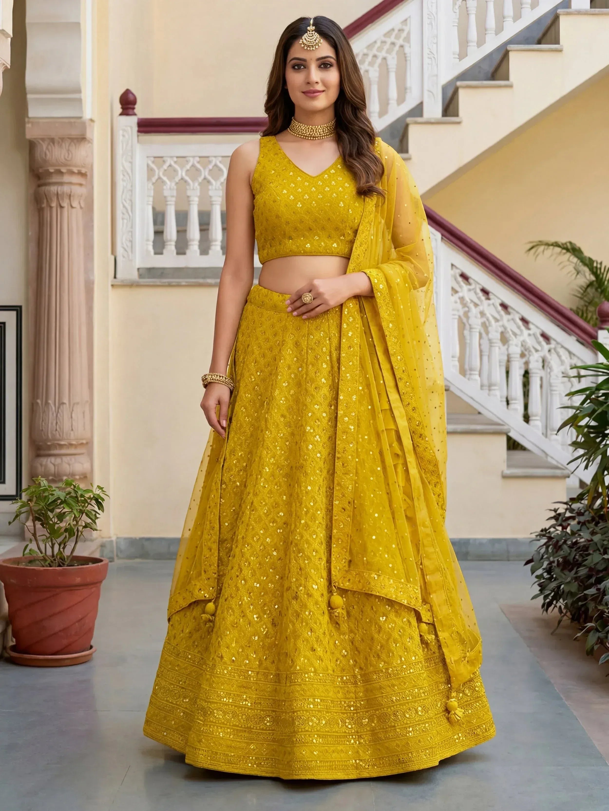 Tulsi Art Fantastic Yellow Embroidered Georgette Haldi Wear Lehenga Choli - Dista