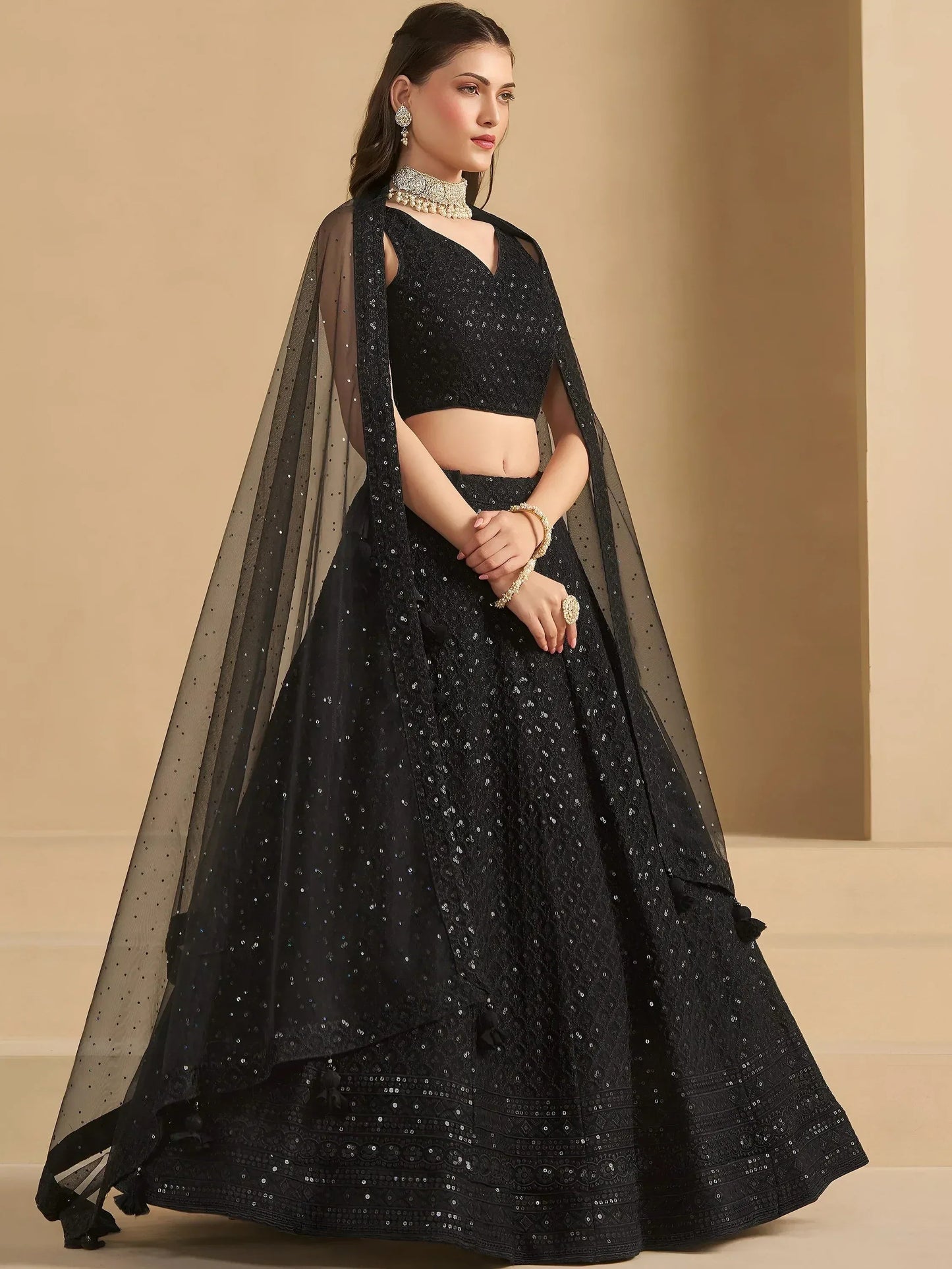 Tulsi Art Captivating Black Thread Work Georgette Party Wear Lehenga Choli - Dista