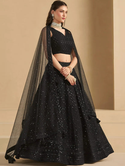 Tulsi Art Captivating Black Thread Work Georgette Party Wear Lehenga Choli - Dista