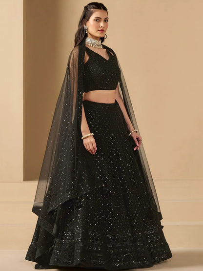 Tulsi Art Captivating Black Thread Work Georgette Party Wear Lehenga Choli - Dista