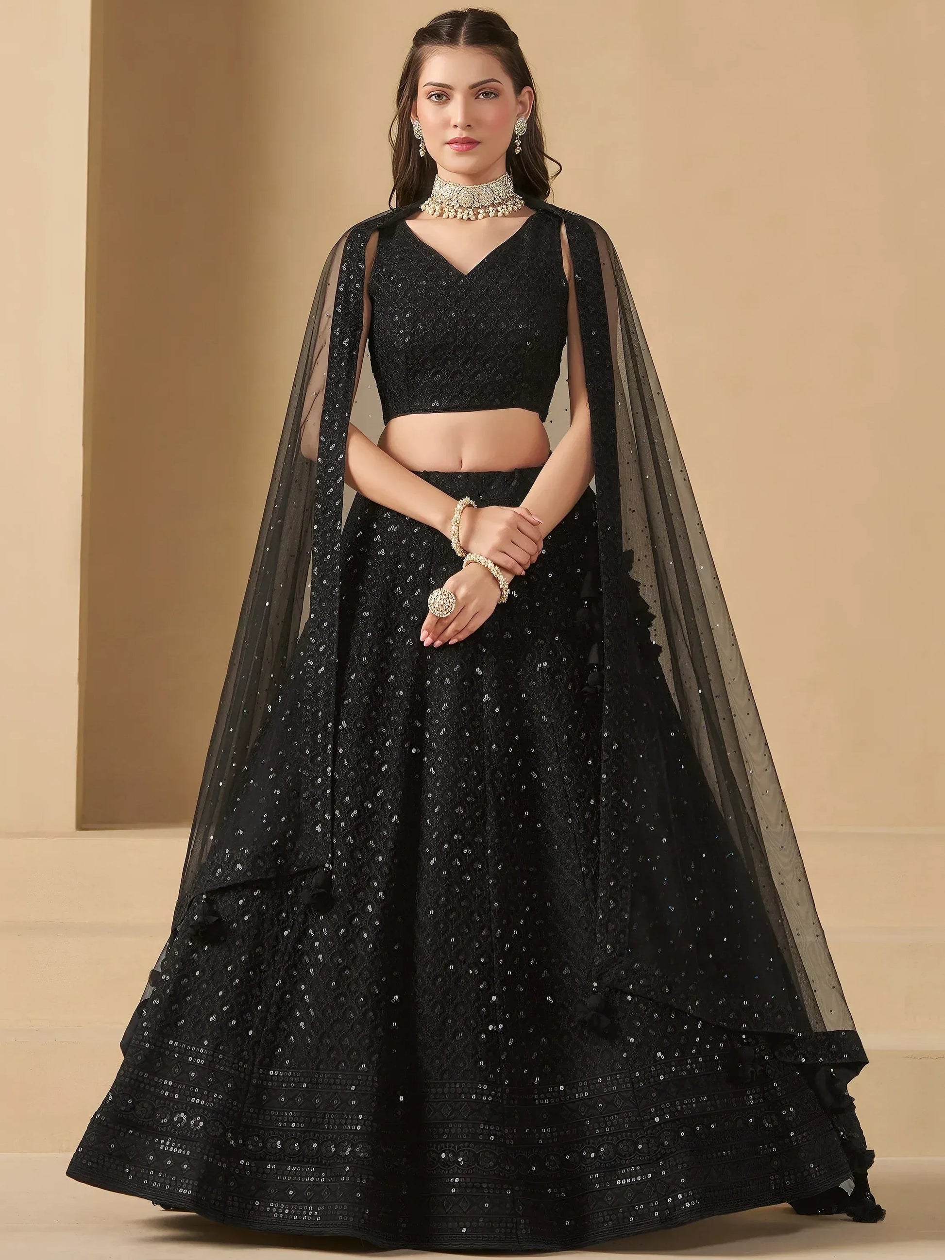 Tulsi Art Captivating Black Thread Work Georgette Party Wear Lehenga Choli - Dista