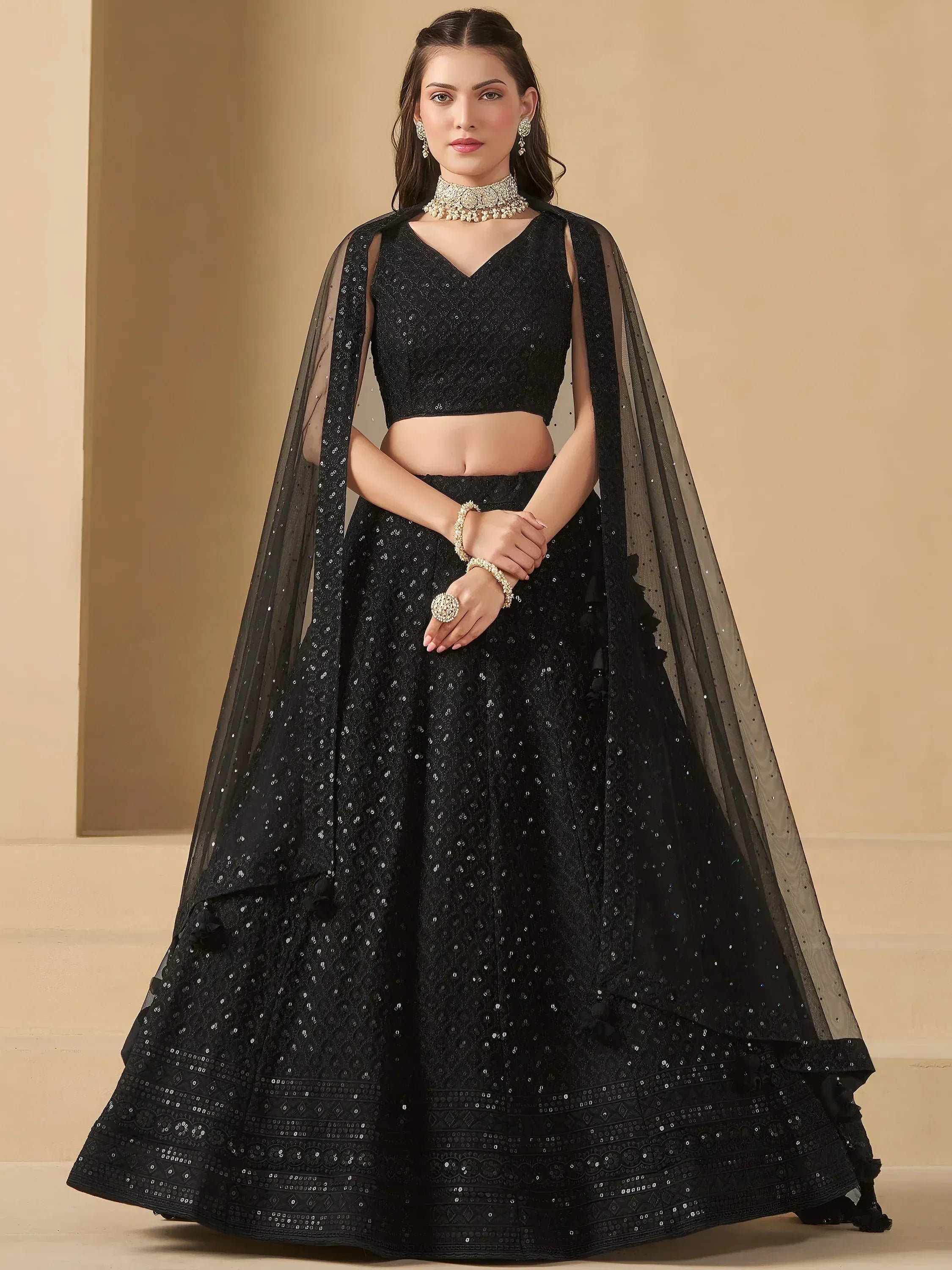 Tulsi Art Captivating Black Thread Work Georgette Party Wear Lehenga Choli - Dista