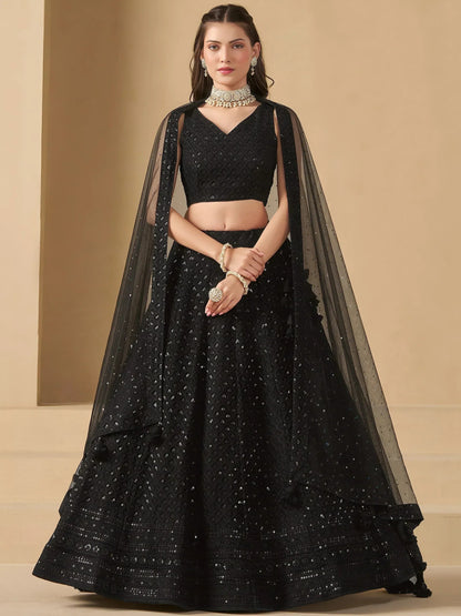 Tulsi Art Captivating Black Thread Work Georgette Party Wear Lehenga Choli - Dista