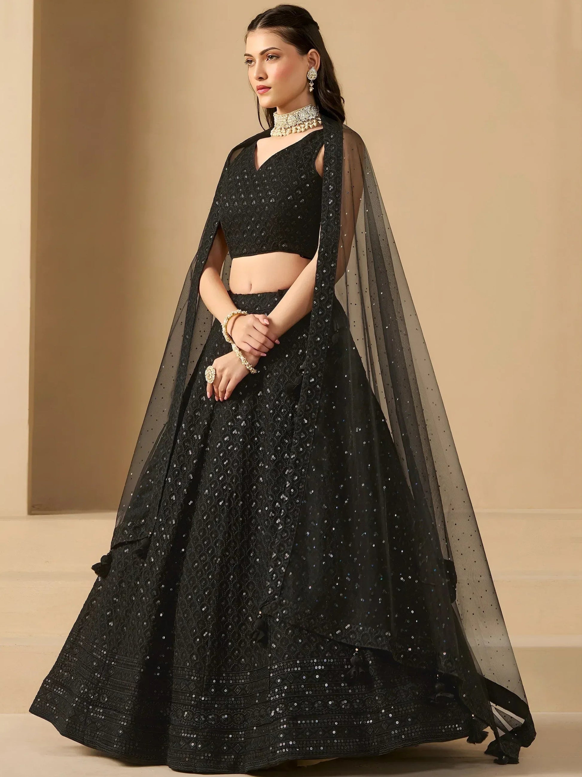 Tulsi Art Captivating Black Thread Work Georgette Party Wear Lehenga Choli - Dista