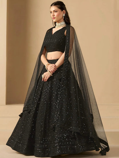 Tulsi Art Captivating Black Thread Work Georgette Party Wear Lehenga Choli - Dista