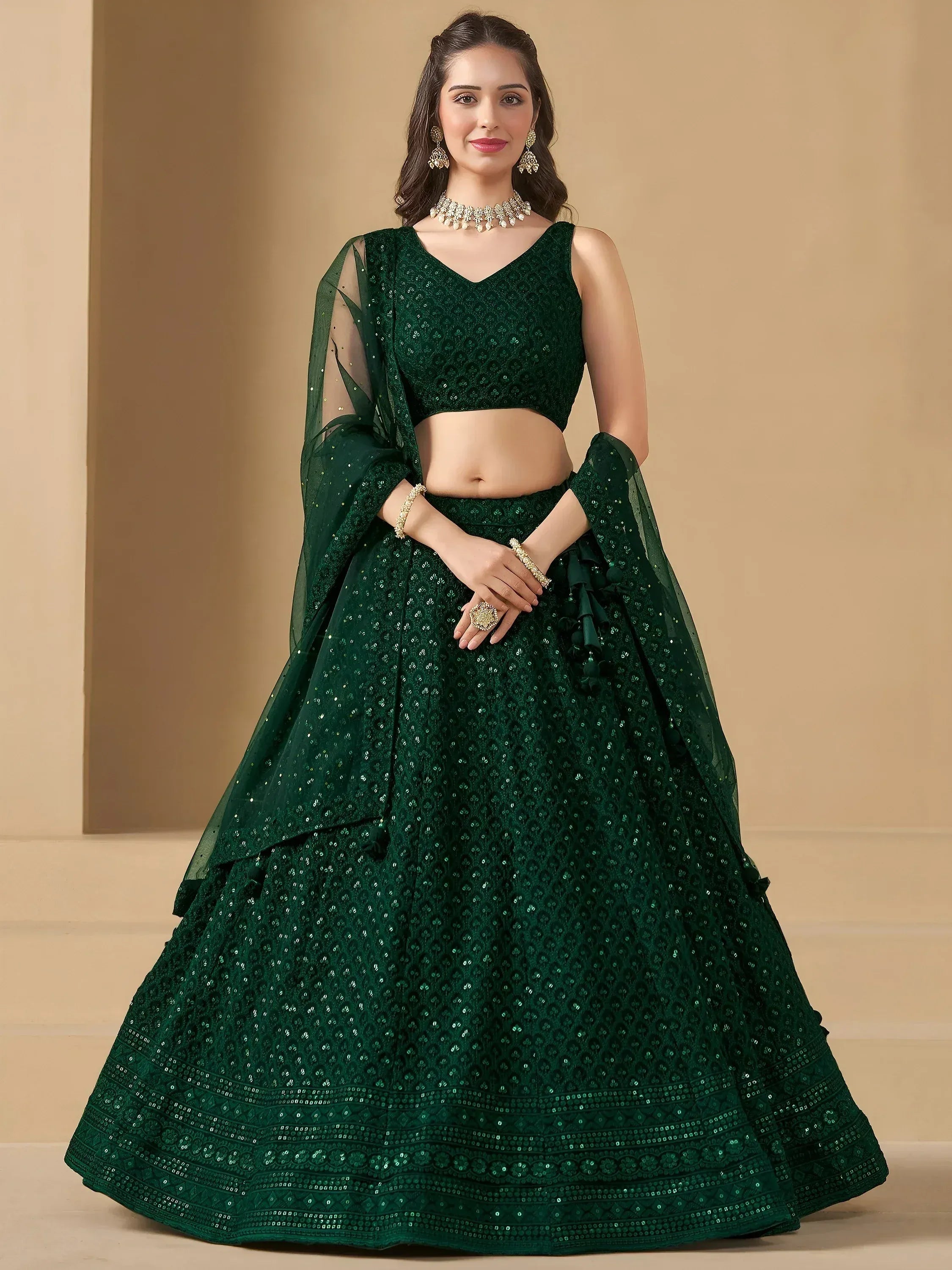 Tulsi Art Amazing Bottle Green Sequins Work Georgette Mehendi Wear Lehenga Choli - Dista
