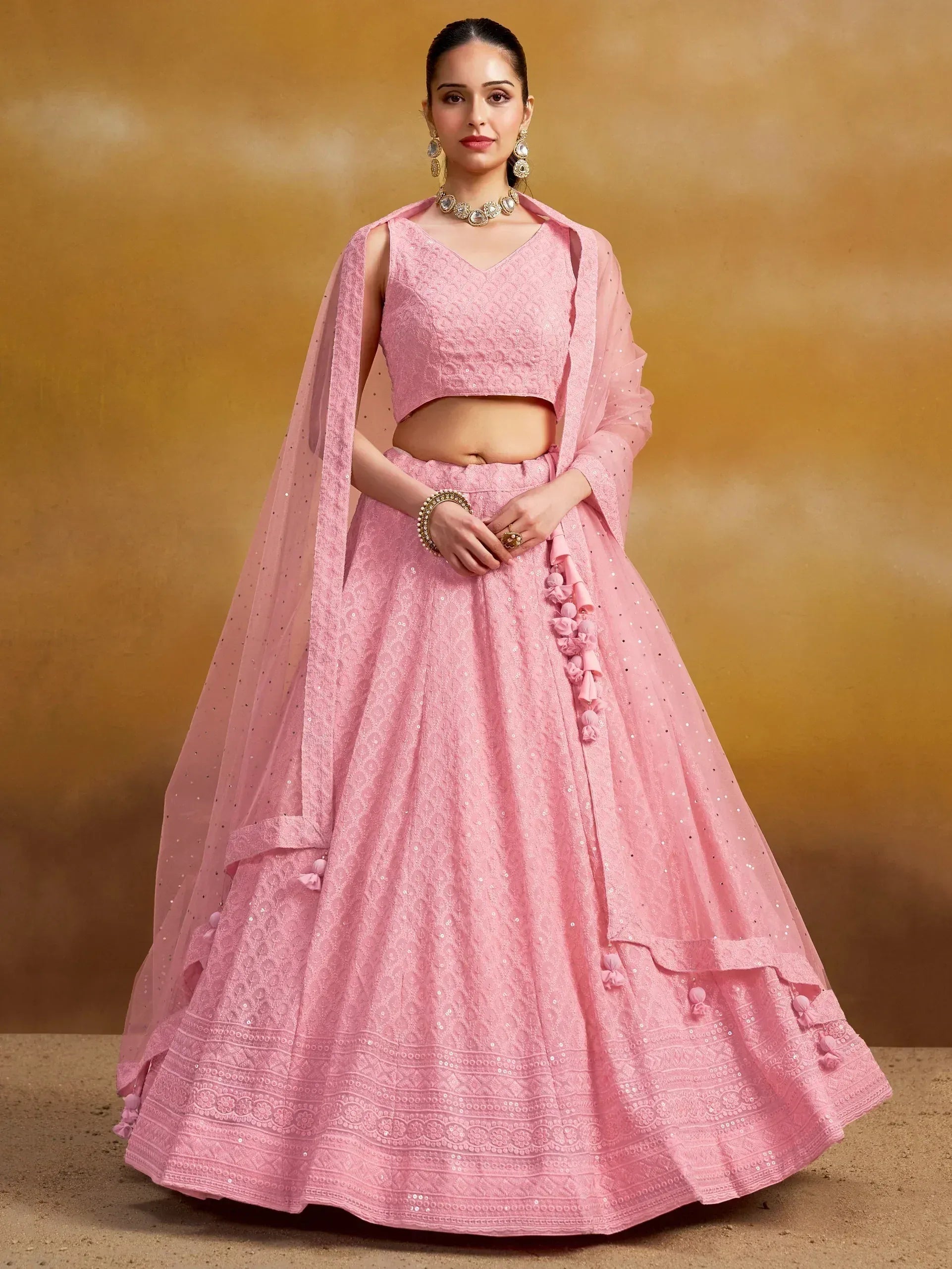 Tulsi Art Pretty Pink Thread Work Georgette Bridesmaid Lehenga Choli With Dupatta - Dista
