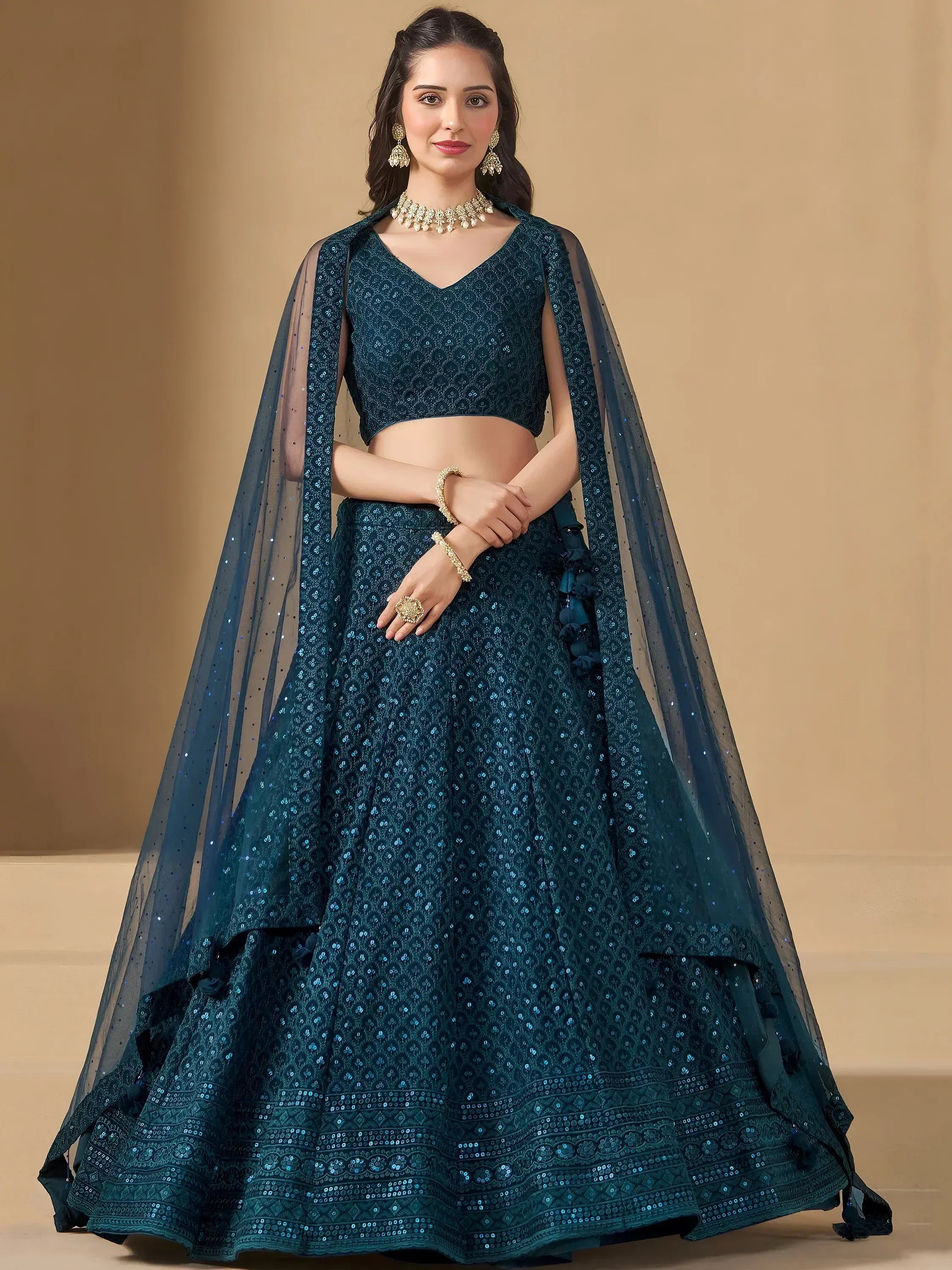 Tulsi Art Precious Teal Blue Thread Work Georgette Engagement Wear Lehenga Choli - Dista