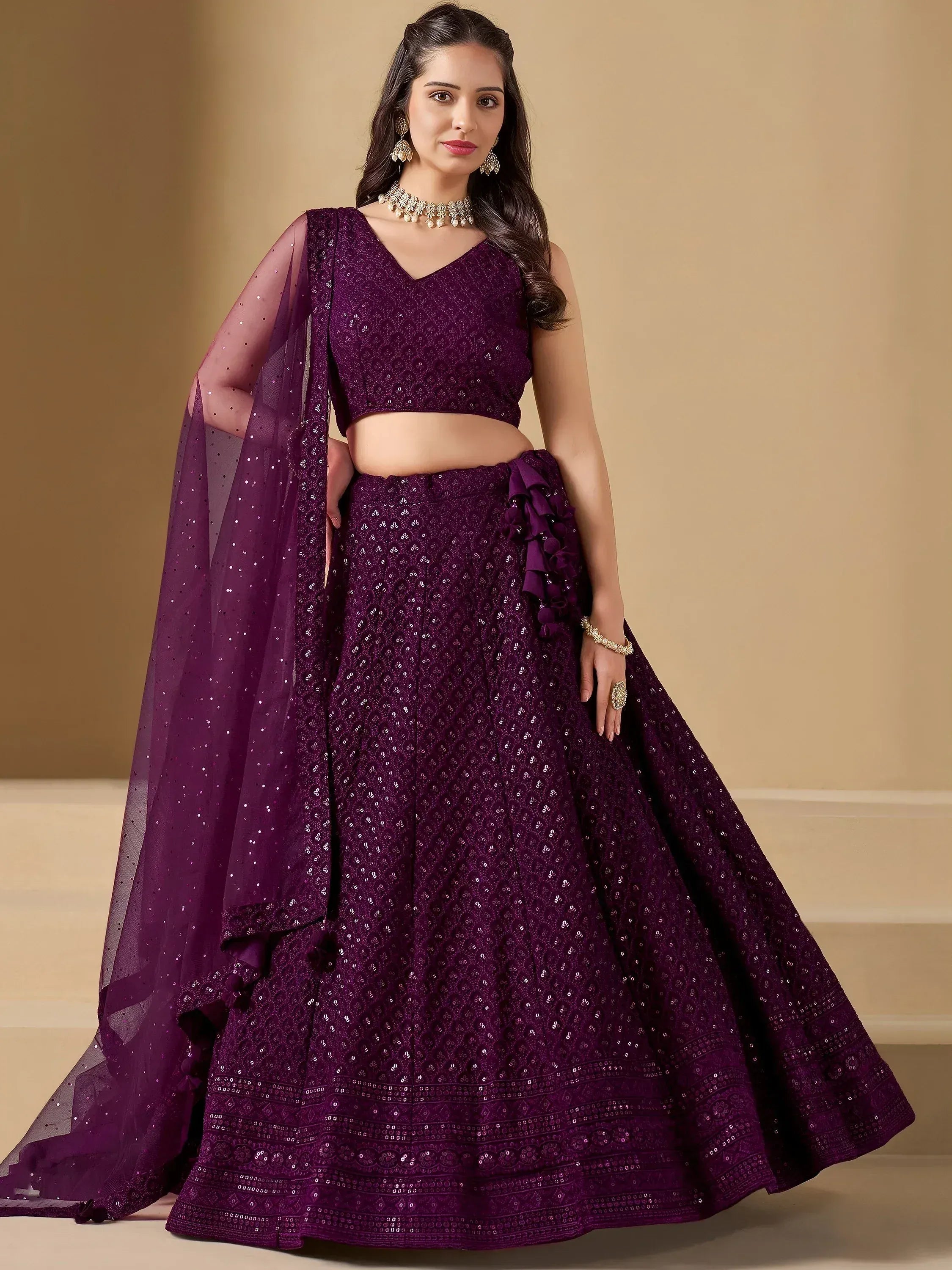 Tulsi Art Lovable Wine Thread Embroidery Georgette Reception Wear Lehenga Choli - Dista