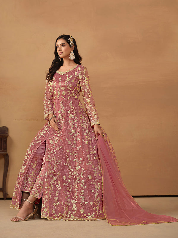 Monjolika Fashion Net Embroidered Pant Style Suit In Pink