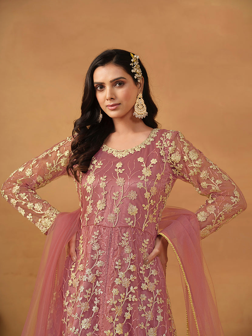 Monjolika Fashion Net Embroidered Pant Style Suit In Pink