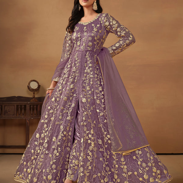Monjolika Fashion Net Embroidered Pant Style Suit In Purple