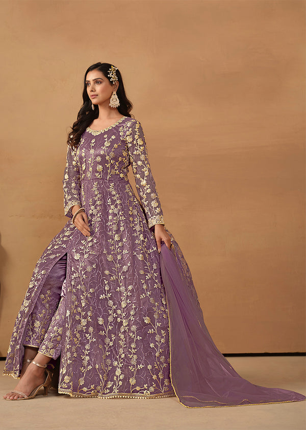 Monjolika Fashion Net Embroidered Pant Style Suit In Purple
