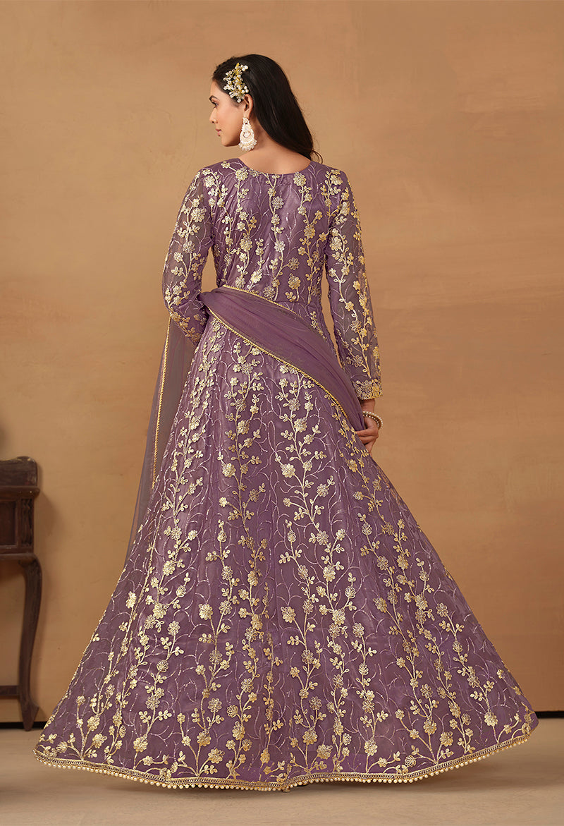 Monjolika Fashion Net Embroidered Pant Style Suit In Purple