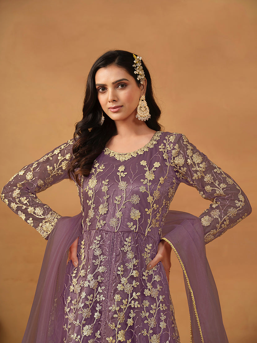 Monjolika Fashion Net Embroidered Pant Style Suit In Purple