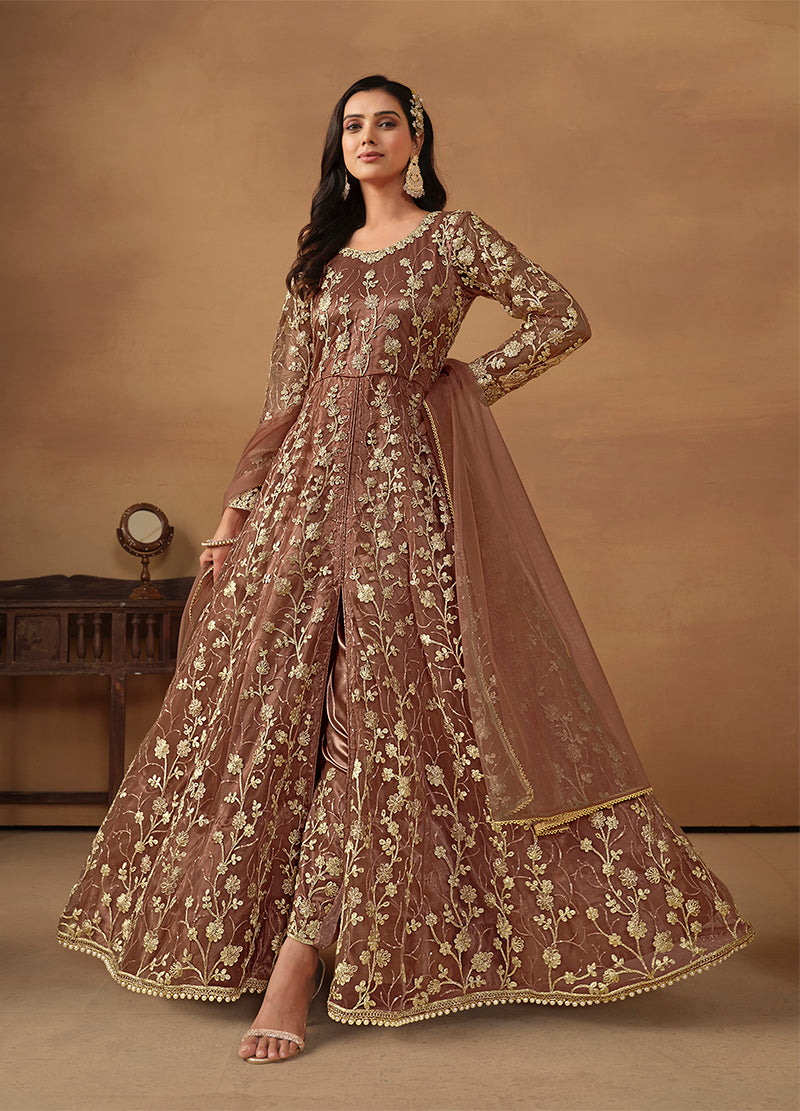 Monjolika Fashion Net Embroidered Pant Style Suit In Brown