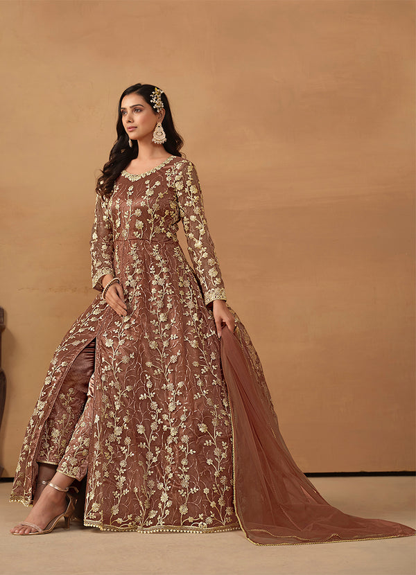 Monjolika Fashion Net Embroidered Pant Style Suit In Brown