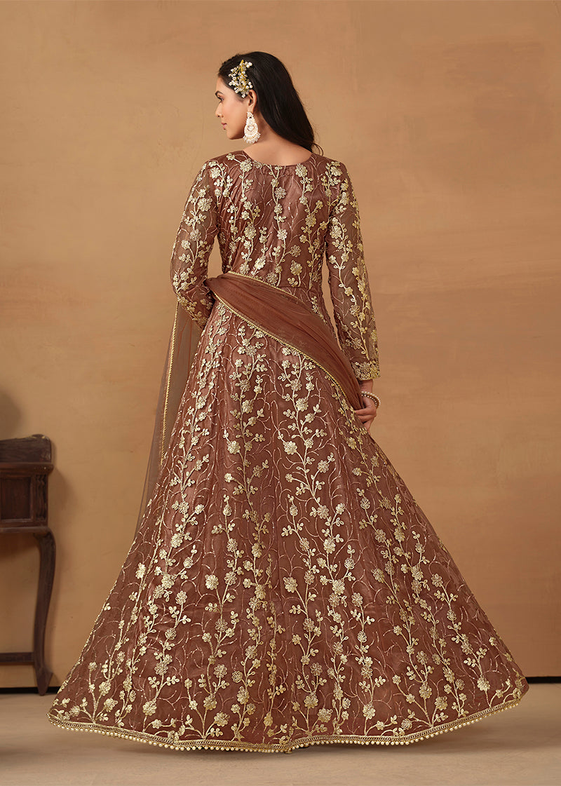 Monjolika Fashion Net Embroidered Pant Style Suit In Brown