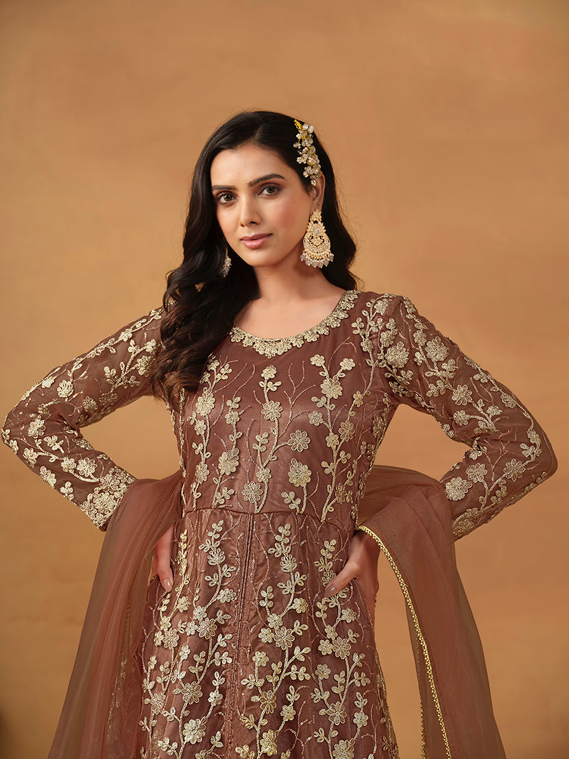 Monjolika Fashion Net Embroidered Pant Style Suit In Brown