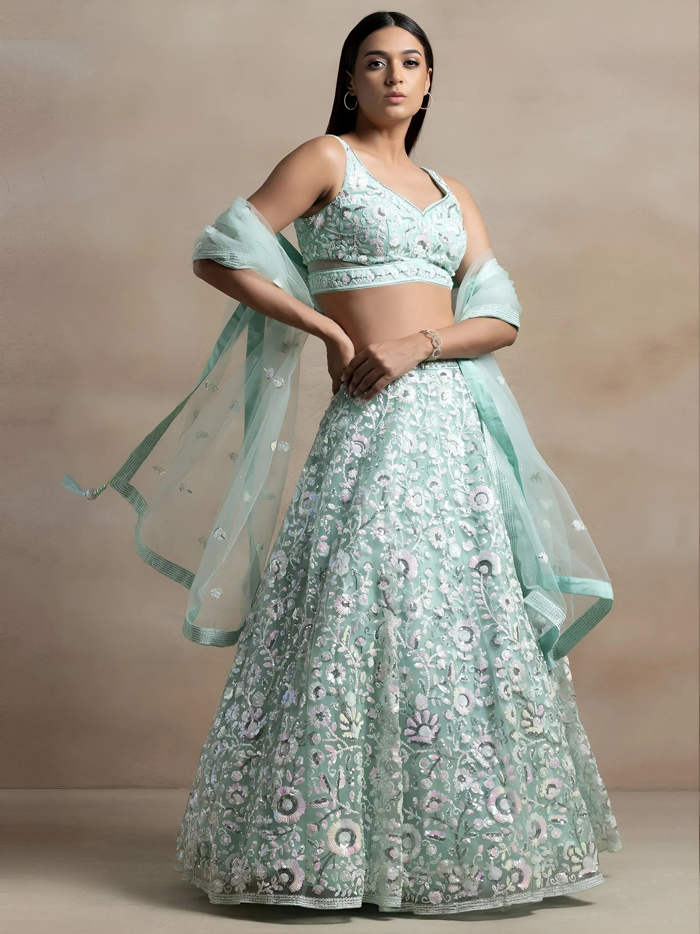 Tulsi Art Attractive Blue Sequins Net Designer Lehenga Choli With Dupatta - Dista