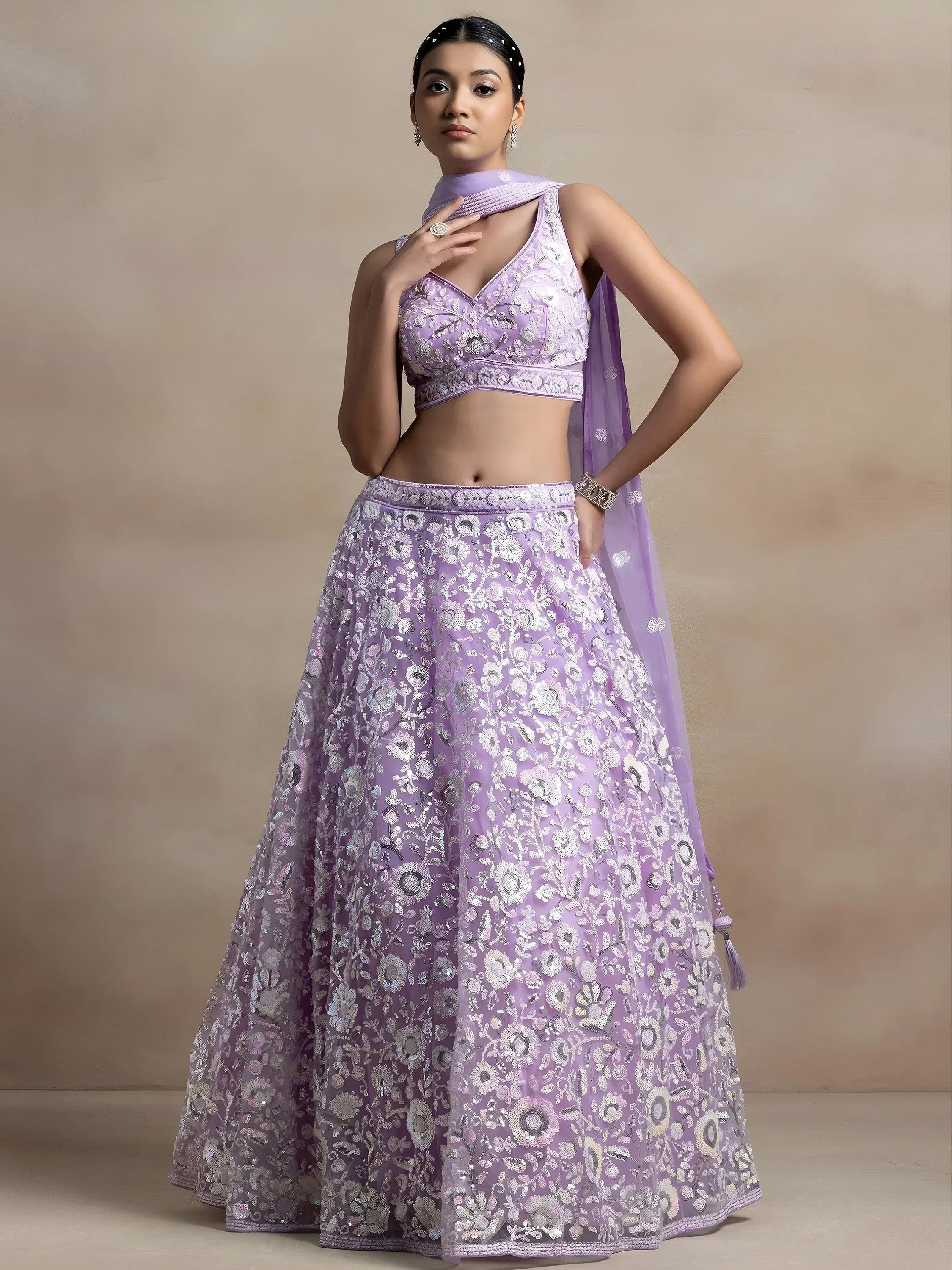 Tulsi Art Adorable Lavender Sequins Net Bridesmaid Lehenga Choli With Dupatta - Dista