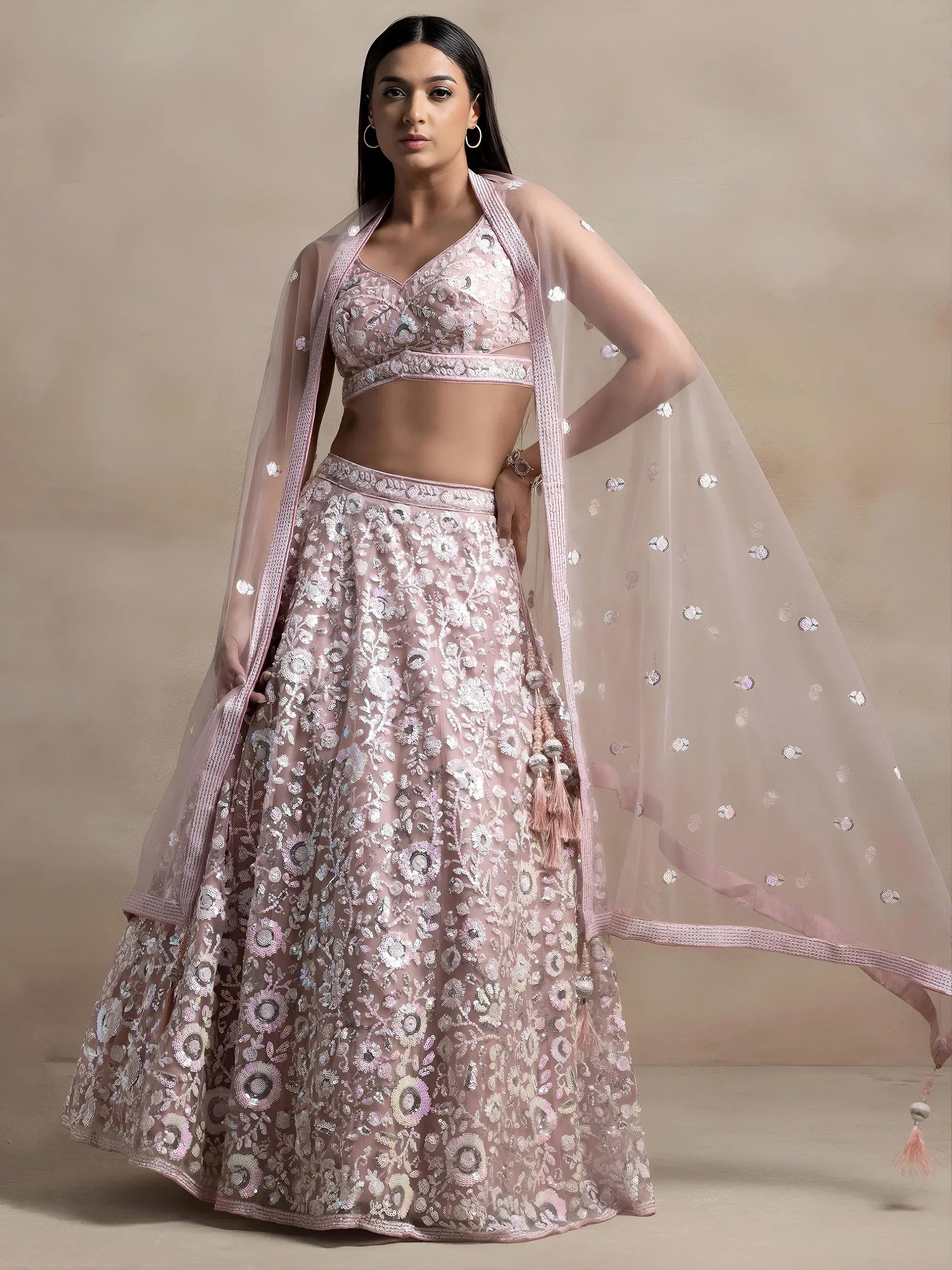 Tulsi Art Precious Pink Sequins Net Engagement Wear Lehenga Choli With Dupatta - Dista