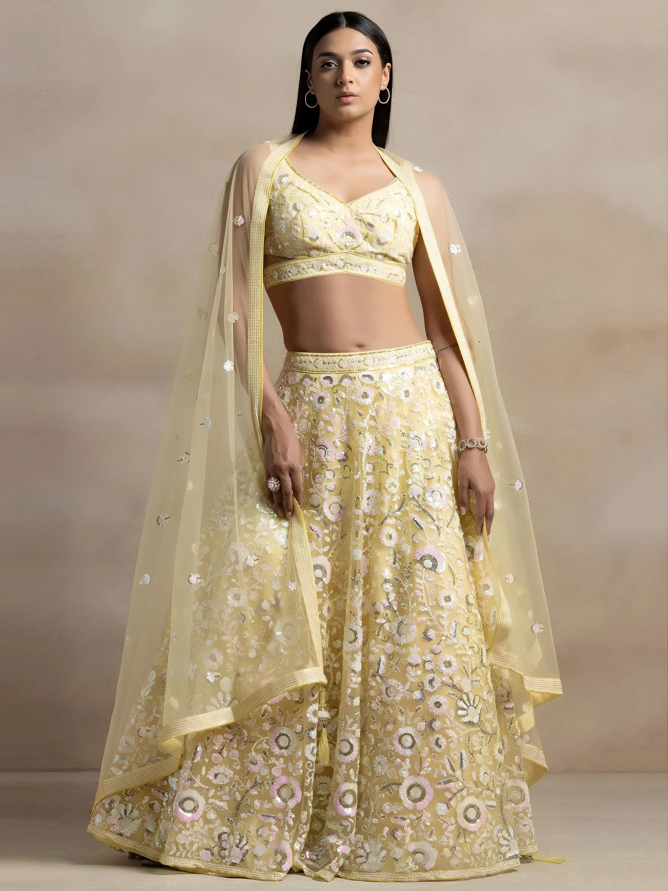 Tulsi Art Beautiful Yellow Sequins Net Party Wear Lehenga Choli With Dupatta - Dista