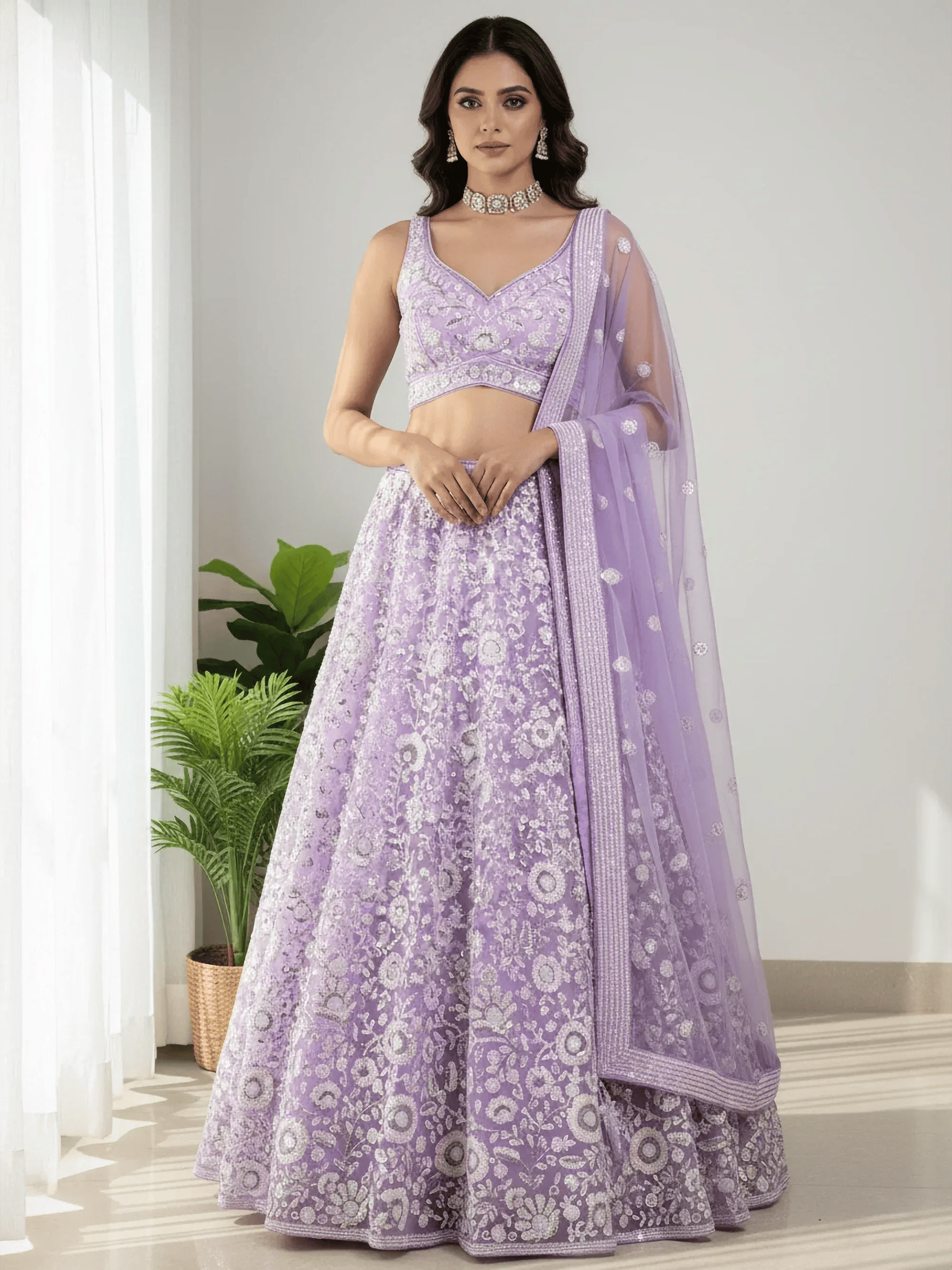 Tulsi Art Glowing Lavender Sequins Embroidered Net Party Wear Lehenga Choli - Dista