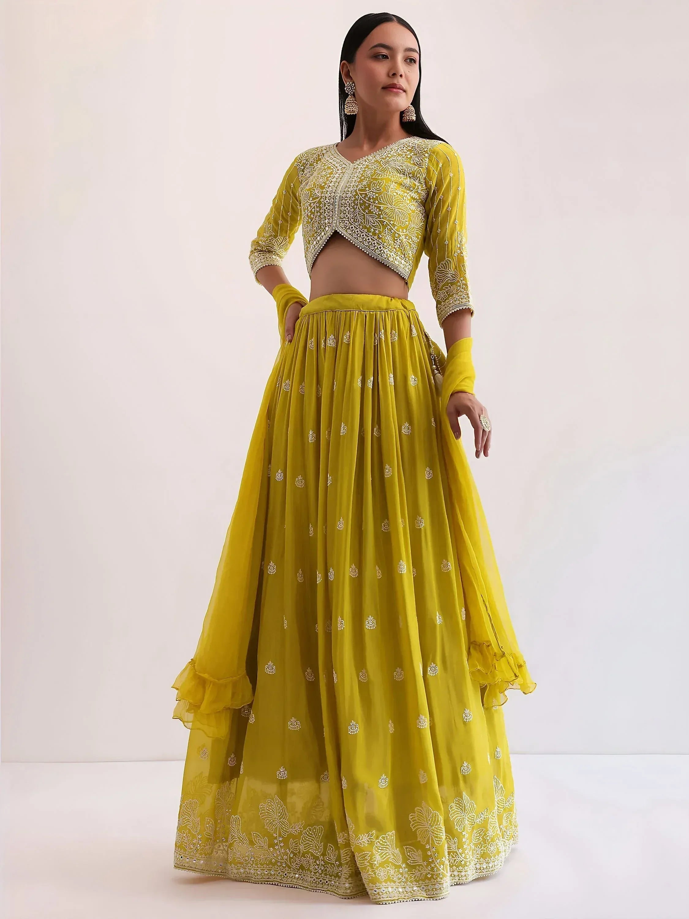 Tulsi Art Lovely Yellow Thread Embroidered Georgette Haldi Wear Lehenga Choli - Dista